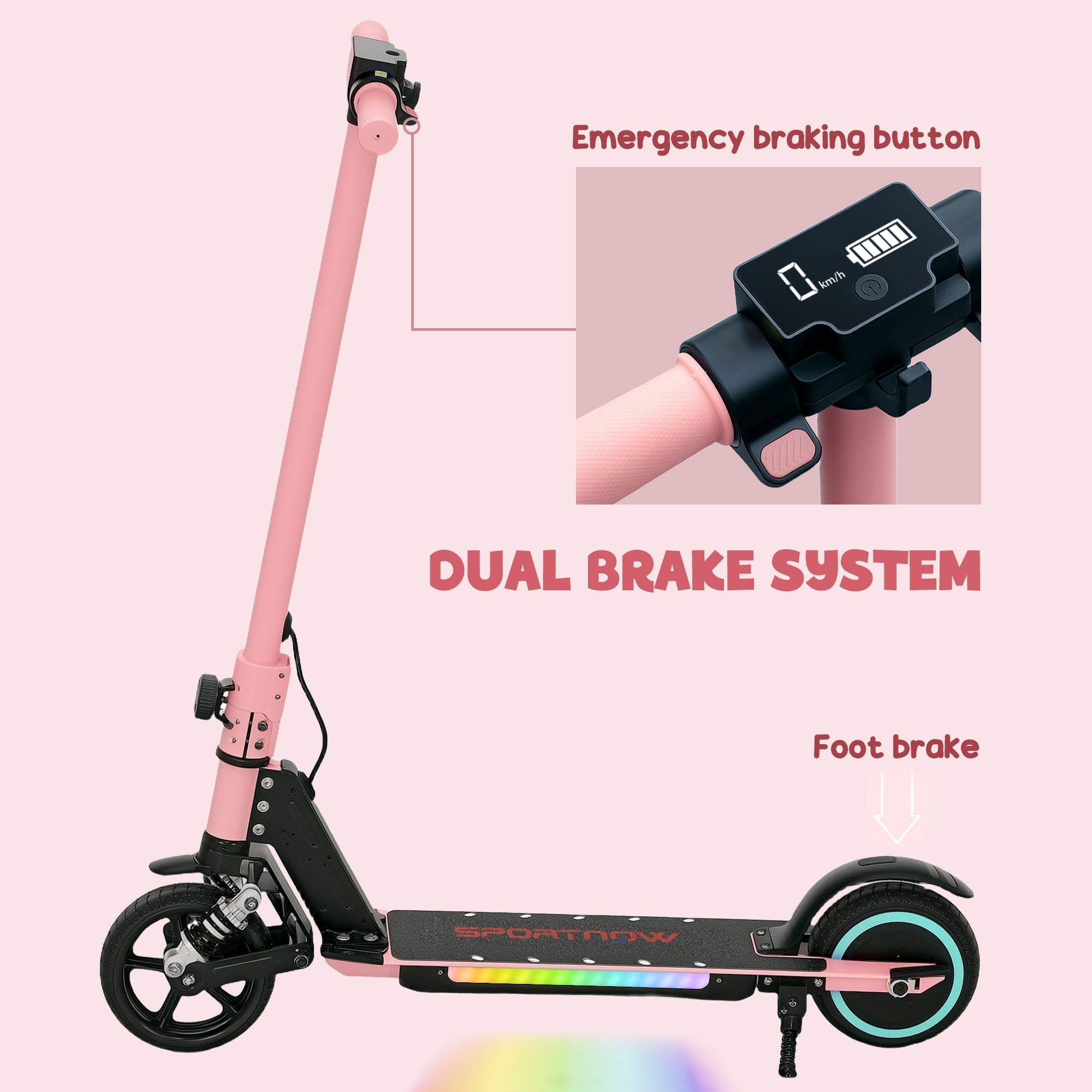 SPORTNOW Folding Electric Scooter for Kids, with Dual Brakes, Front Suspension, LED Colourful Lights, Pink
