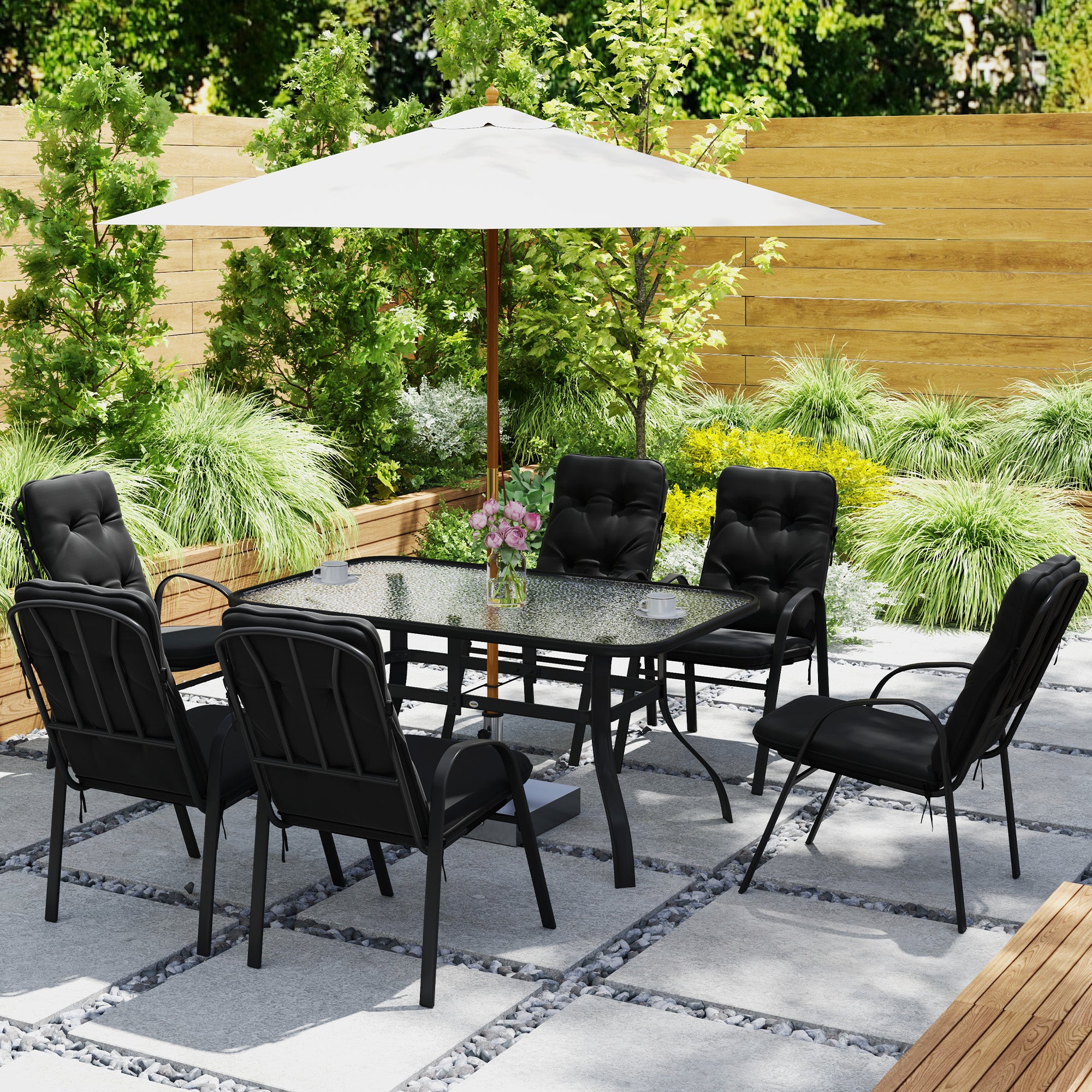 Outsunny Seven-Piece Garden Dining Set with Cushions - Black