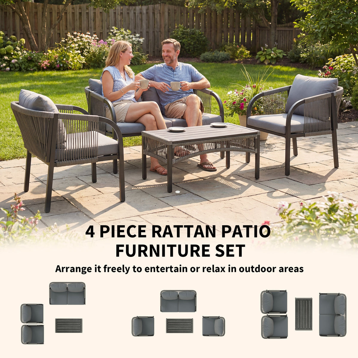 Outsunny 4 Piece Rattan Garden Furniture Set with Loveseat, Armchairs, Table, Steel Frame Wicker Patio Conversation Set, Grey