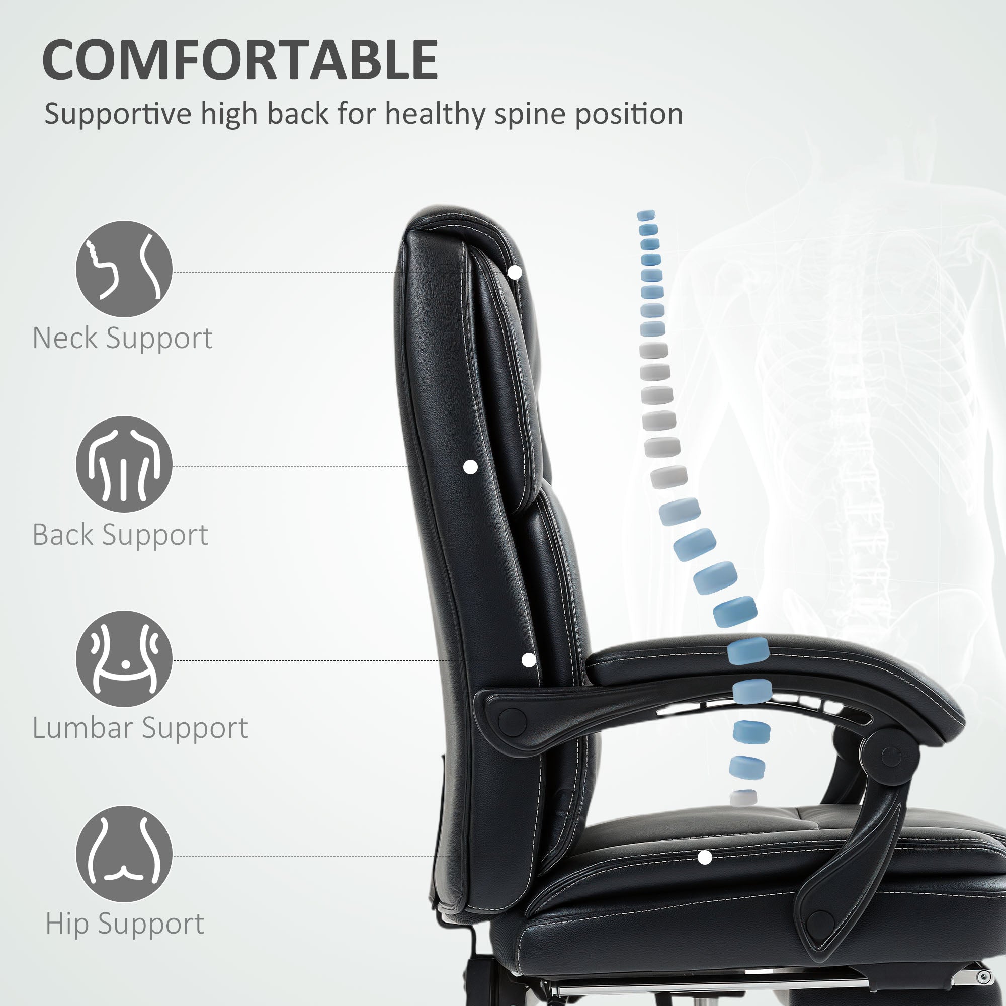 HOMCOM Faux Leather Reclining Office Chair, with Footrest - Black