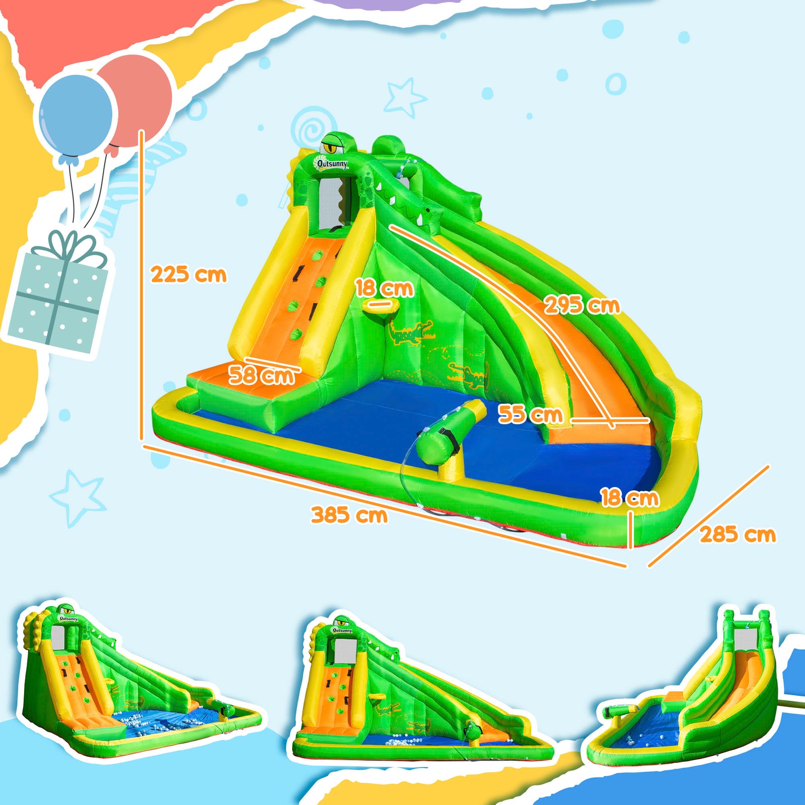Outsunny Kids Bouncy Castle, 5 in 1 Large Crocodile Style Inflatable House Slide Basket Water Pool Gun Climbing Wall with Blower Carrybag for Kids Age 3-8, 3.85 x 2.85 x 2.25m