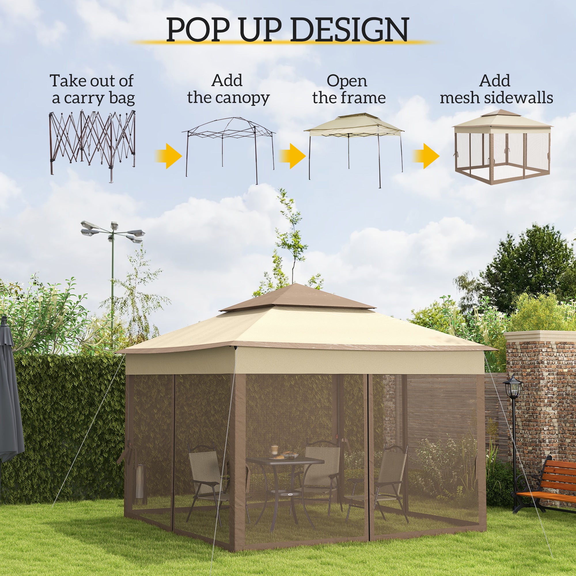 Outsunny 3 x 3(m) Pop Up Gazebo, Marquee Party Tent with Double Tier Roof, Netting and Carry Bag, Event Shelter for Outdoor Patio, Khaki