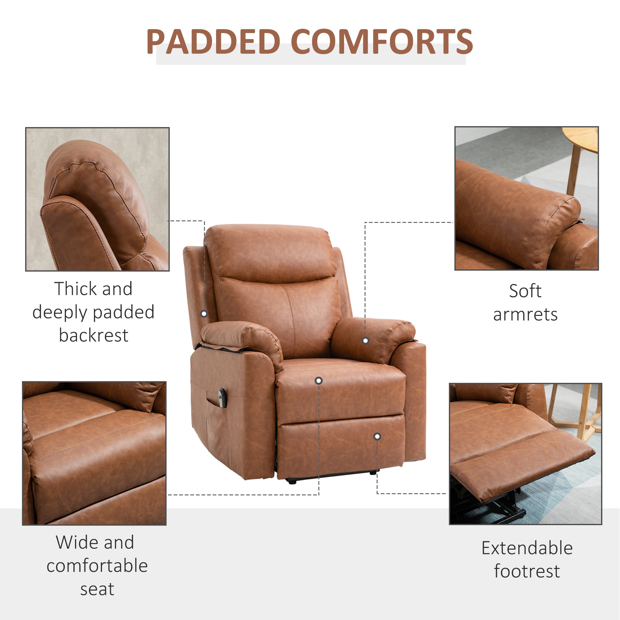 HOMCOM Faux Leather 70√Ç¬∞ Electric Riser Recliner Chair - Brown