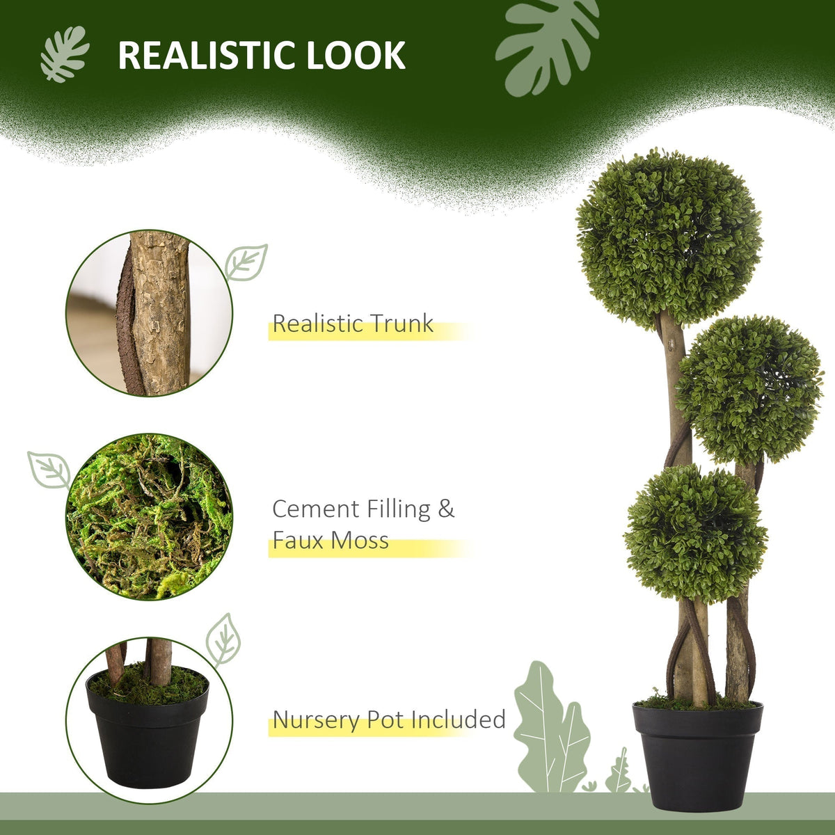 HOMCOM Decorative Artificial Trees Boxwood Ball Topiary Trees in Pot Fake Plants for Home Indoor Outdoor Decor, 90 cm