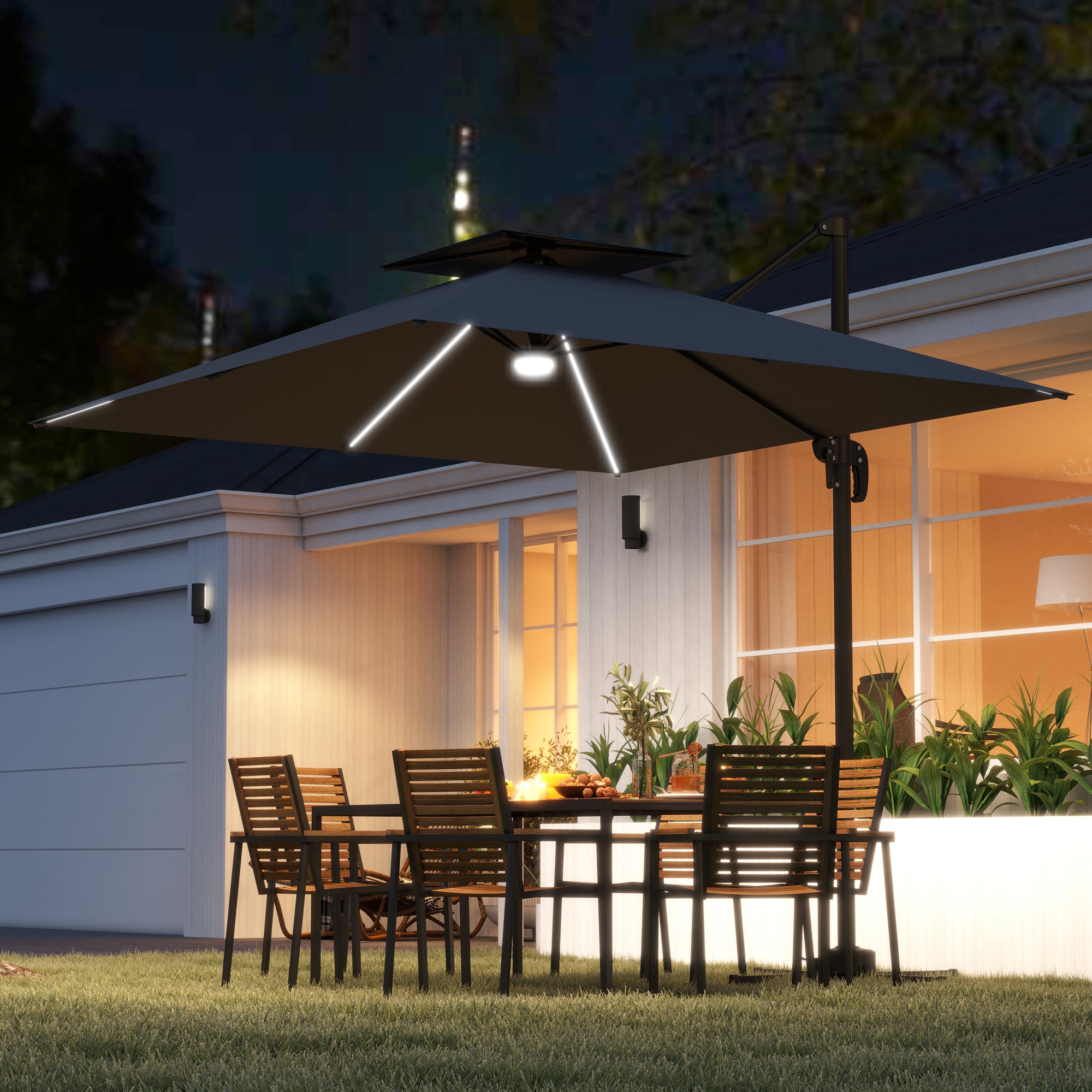 Outsunny 2.5m Cantilever Parasol with Solar Powered LED Lights, 360√Ç¬∞ Rotation, Tilt Adjustment, Crank Handle, Dark Grey