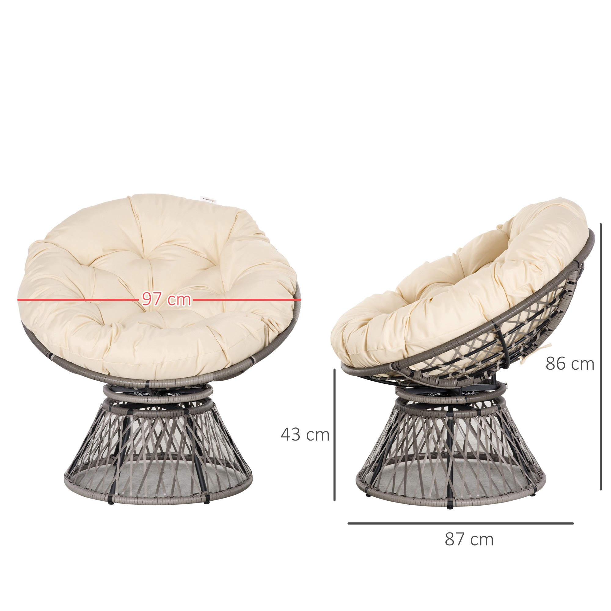 Outsunny 360Â° Swivel Rattan Moon Bowl Chair Round Lounge Garden Wicker Basket Seat with Padded Cushion Oversized for Outdoor Indoor, Beige