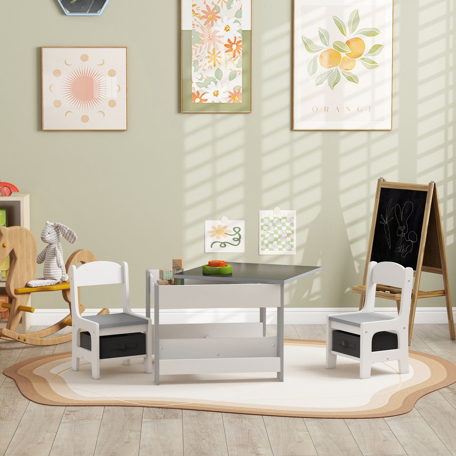 HOMCOM Three-Piece Kids Table and Chair Set with Blackboard, Storage, Bookshelves - Grey
