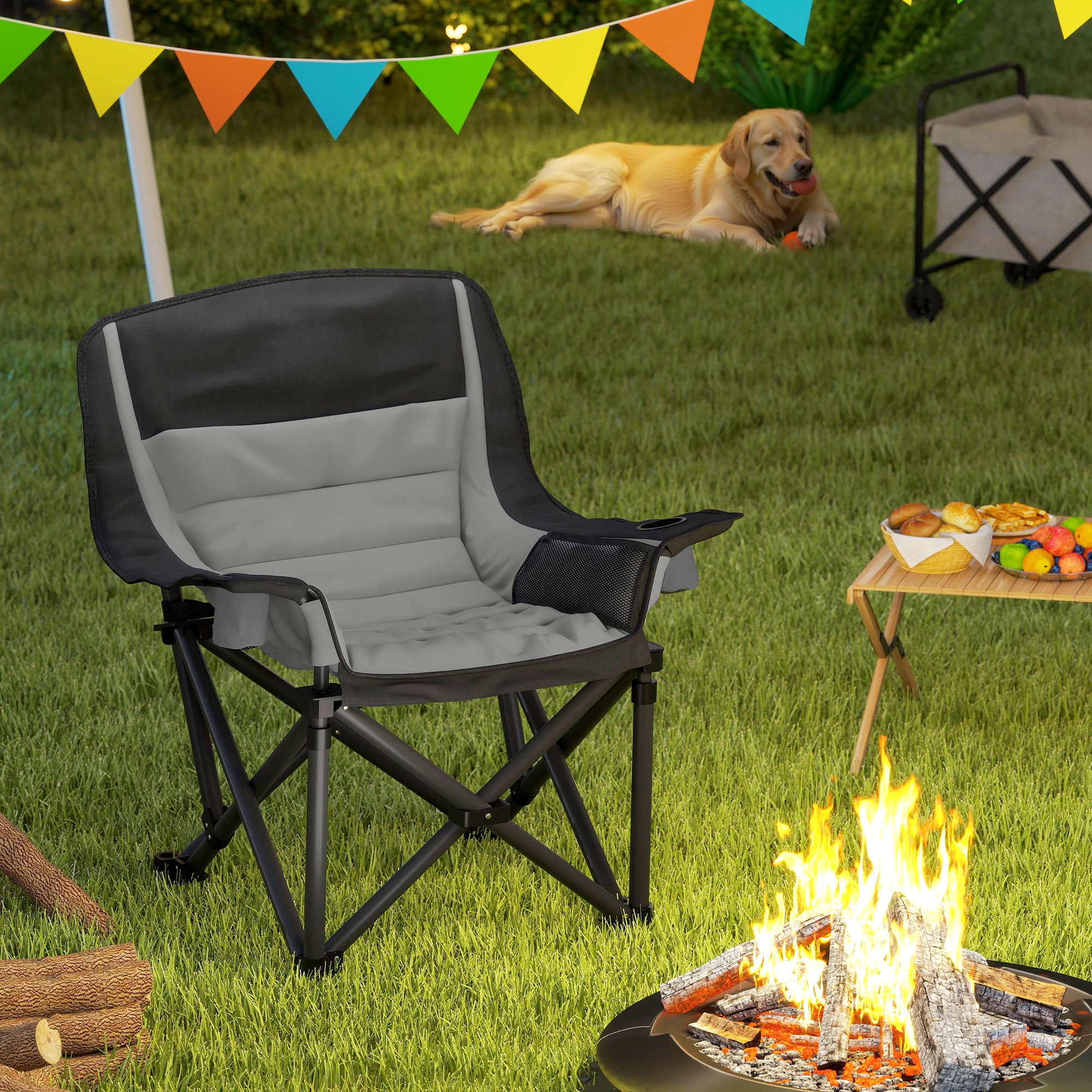 Outsunny Portable Padded Camping Chair, with Bag - Black/Grey