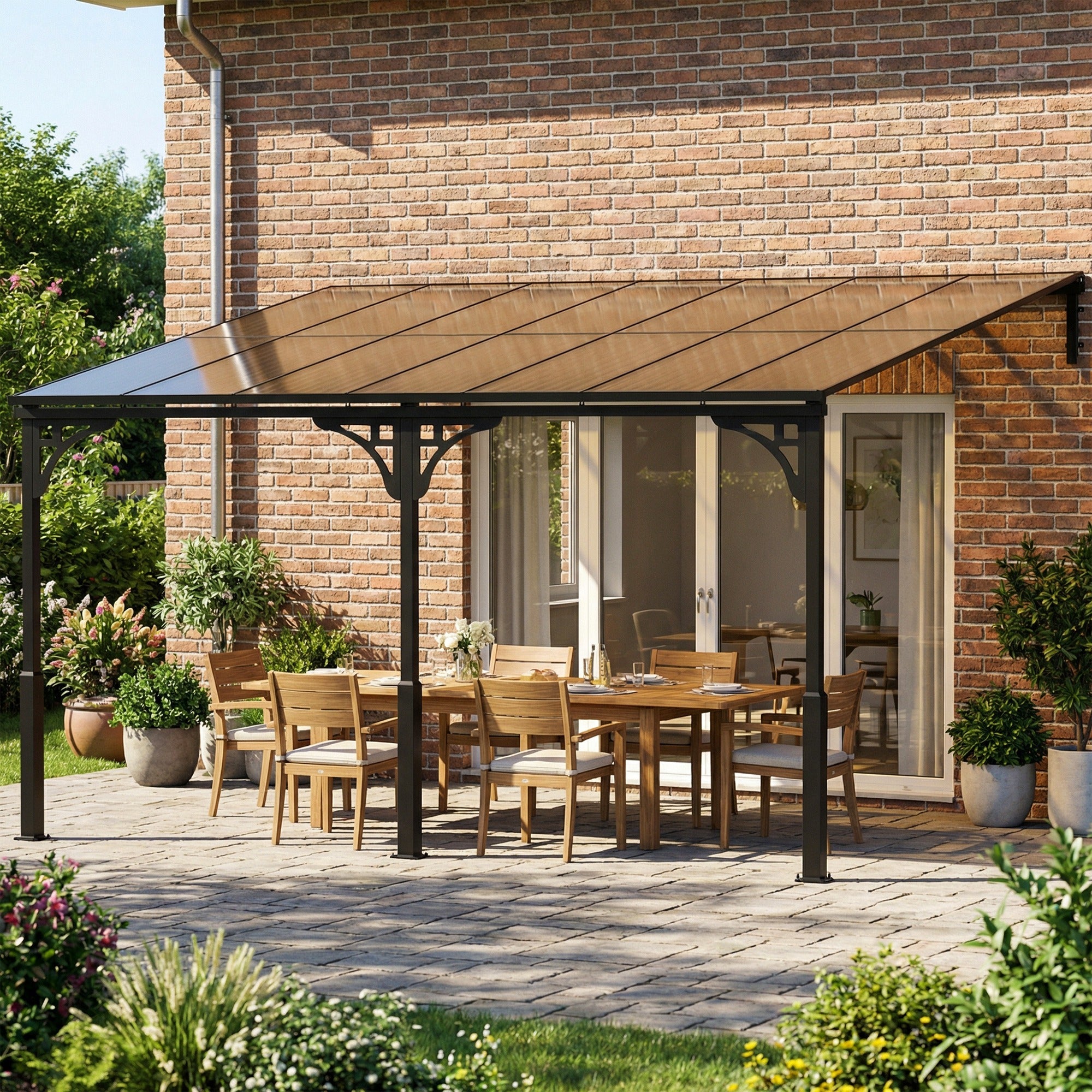 Outsunny 4 x 3 m Metal Lean-to Pergola, Wall-Mounted Garden Pergola with Polycarbonate Roof and Metal-Aluminium Frame, Heavy Duty Hardtop Gazebo for Outdoor Patios, BBQ, Brown