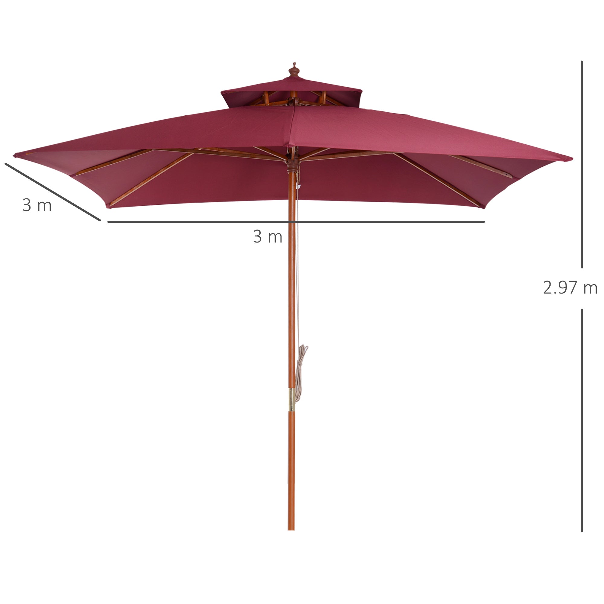 Outsunny 3 x 3(M) Garden Parasol Umbrella Sunshade, Outdoor Wooden Parasol with Double Tier Canopy, Wine Red