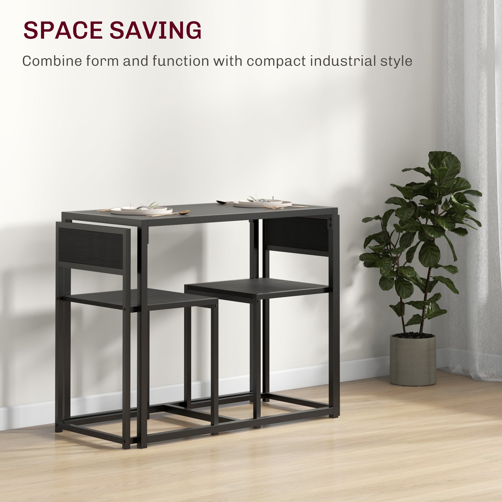HOMCOM Dining Table and Chairs Set 2, Dining Room Sets, Rectangular Space Saving Table and 2 Chairs for Compact Kitchens, Steel Frame, Black