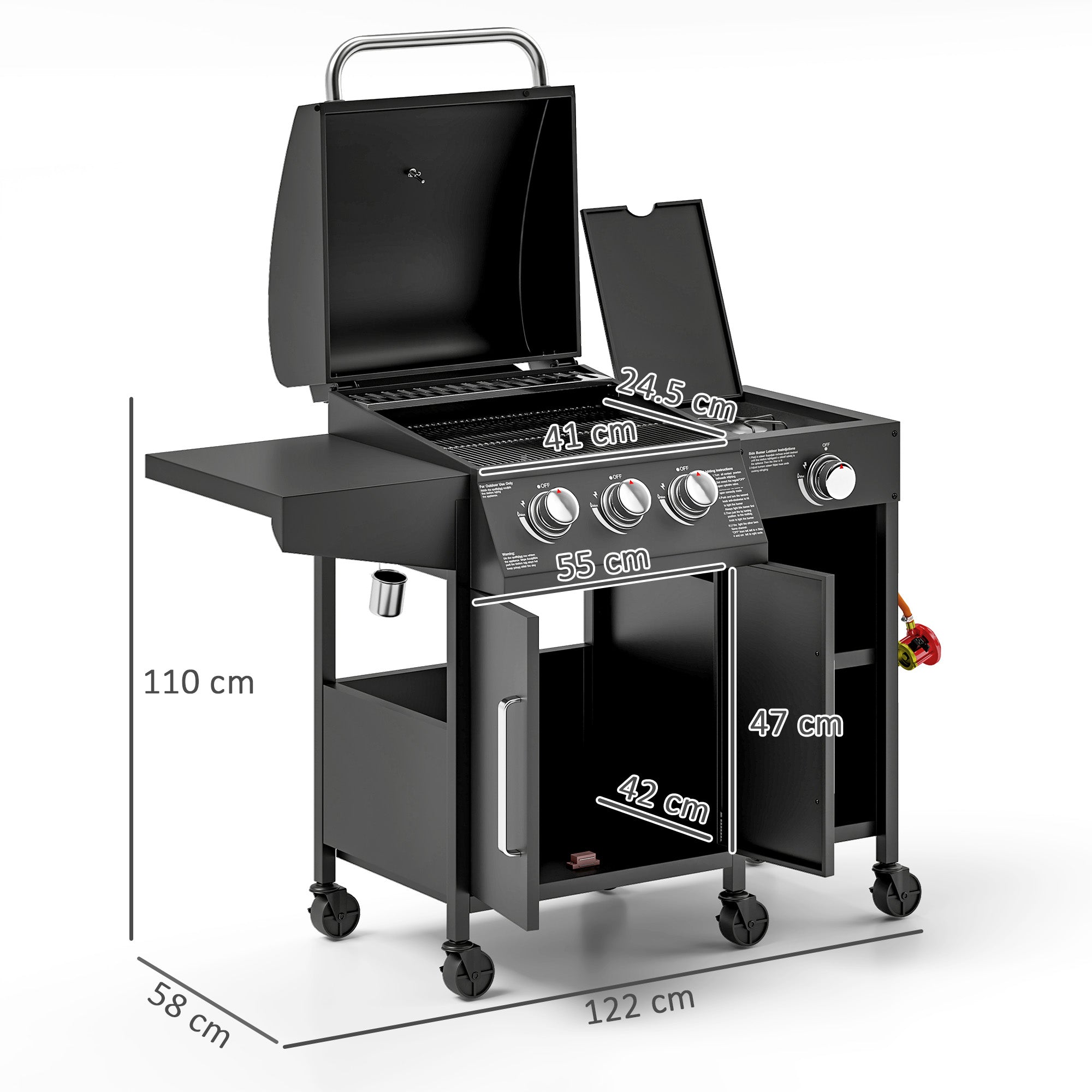 Outsunny 3+1 Burner Gas BBQ Grill with Storage Cabinet and Shelves, 9.5 kW Gas Barbecue Trolley with 6 Castor Wheels, Warming Rack, Thermometer for Outdoor Cooking Garden Party, Black