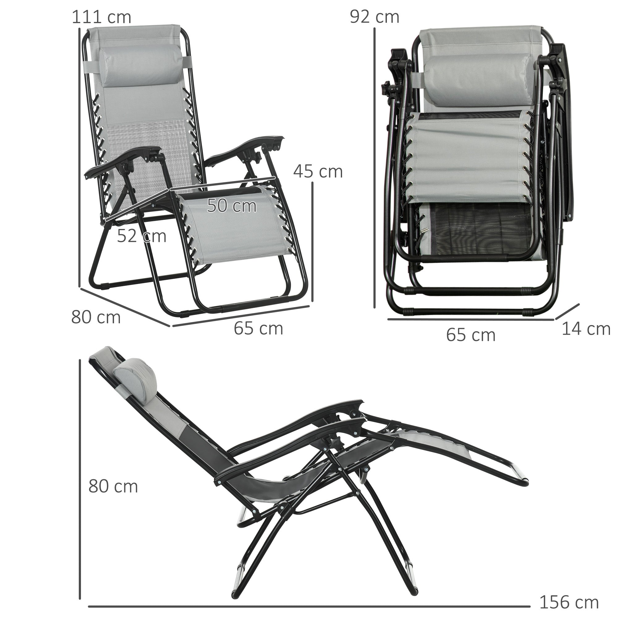 Outsunny Garden Recliner Chairs Set of 2, Outdoor Foldable Zero Gravity Chairs Set w/ Footstool and Detachable Headrest, Grey