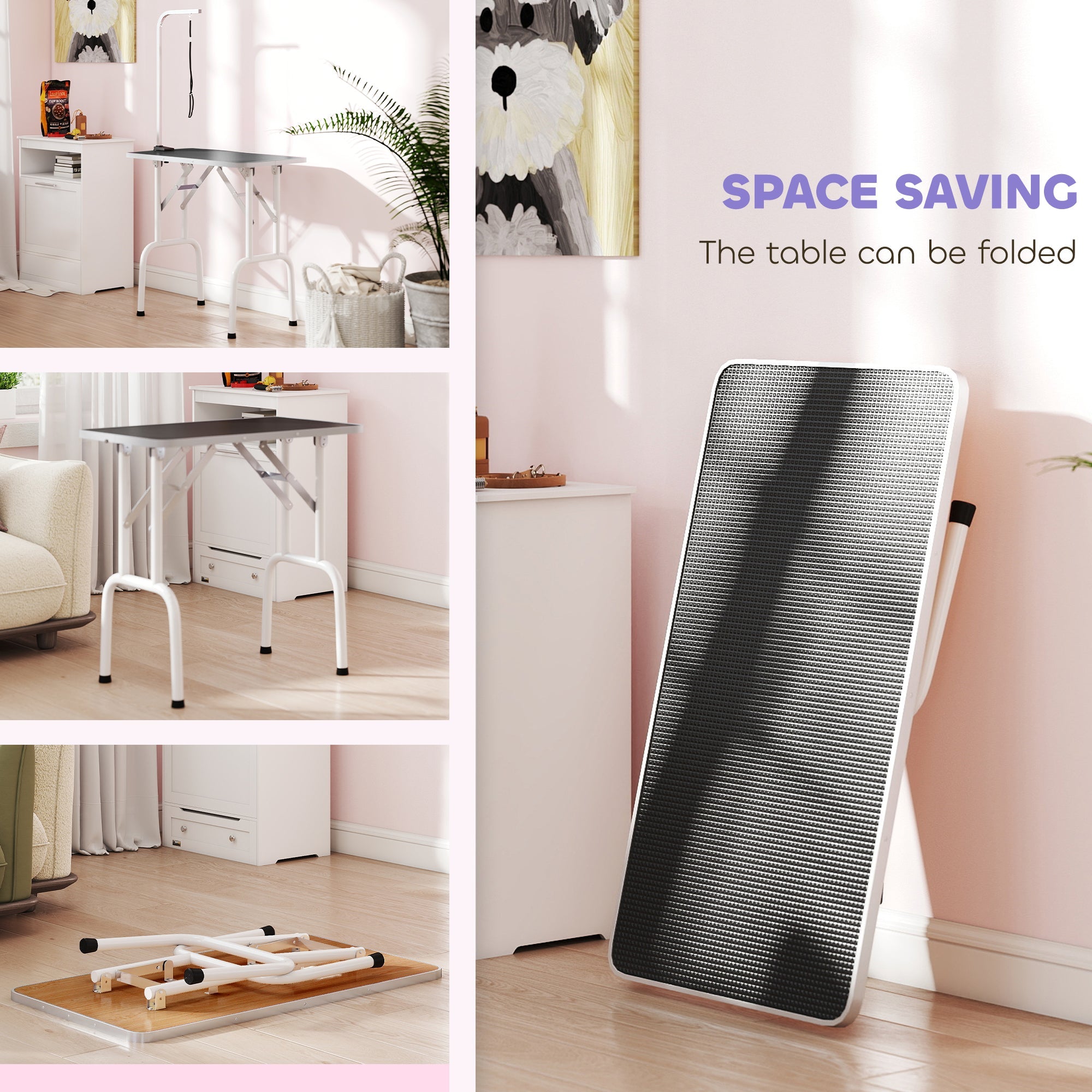 PawHut 32" Foldable Dog Grooming Table Pet Drying Beauty Table Adjustable Fixed Arm Rubber Top, Black