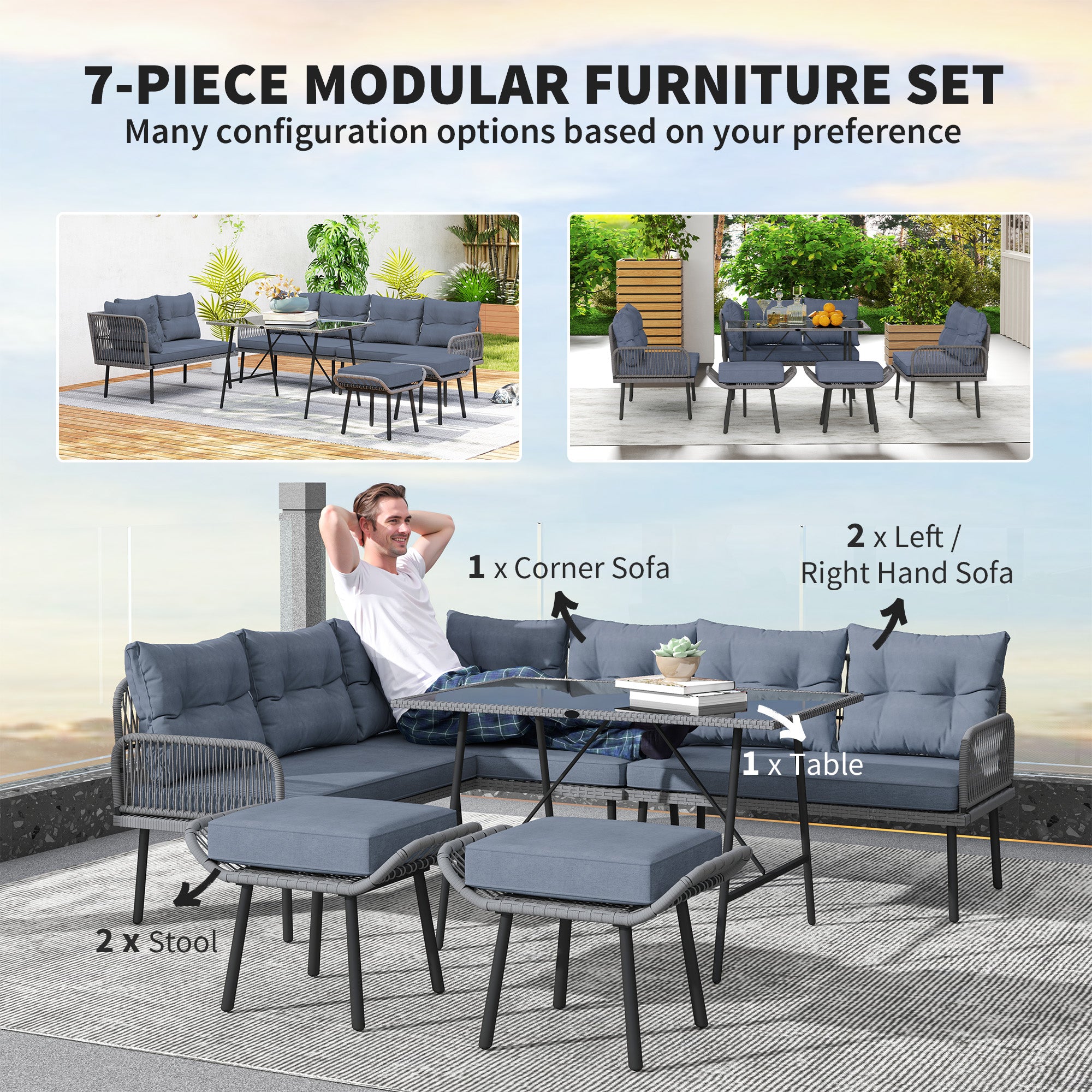 Outsunny 6 Piece Rattan Garden Furniture Set, 8 Seater Garden Corner Sofa with Cushions and Glass Top Table, Sectional Outdoor Furniture Conservatory Set for Patio, Charcoal Grey