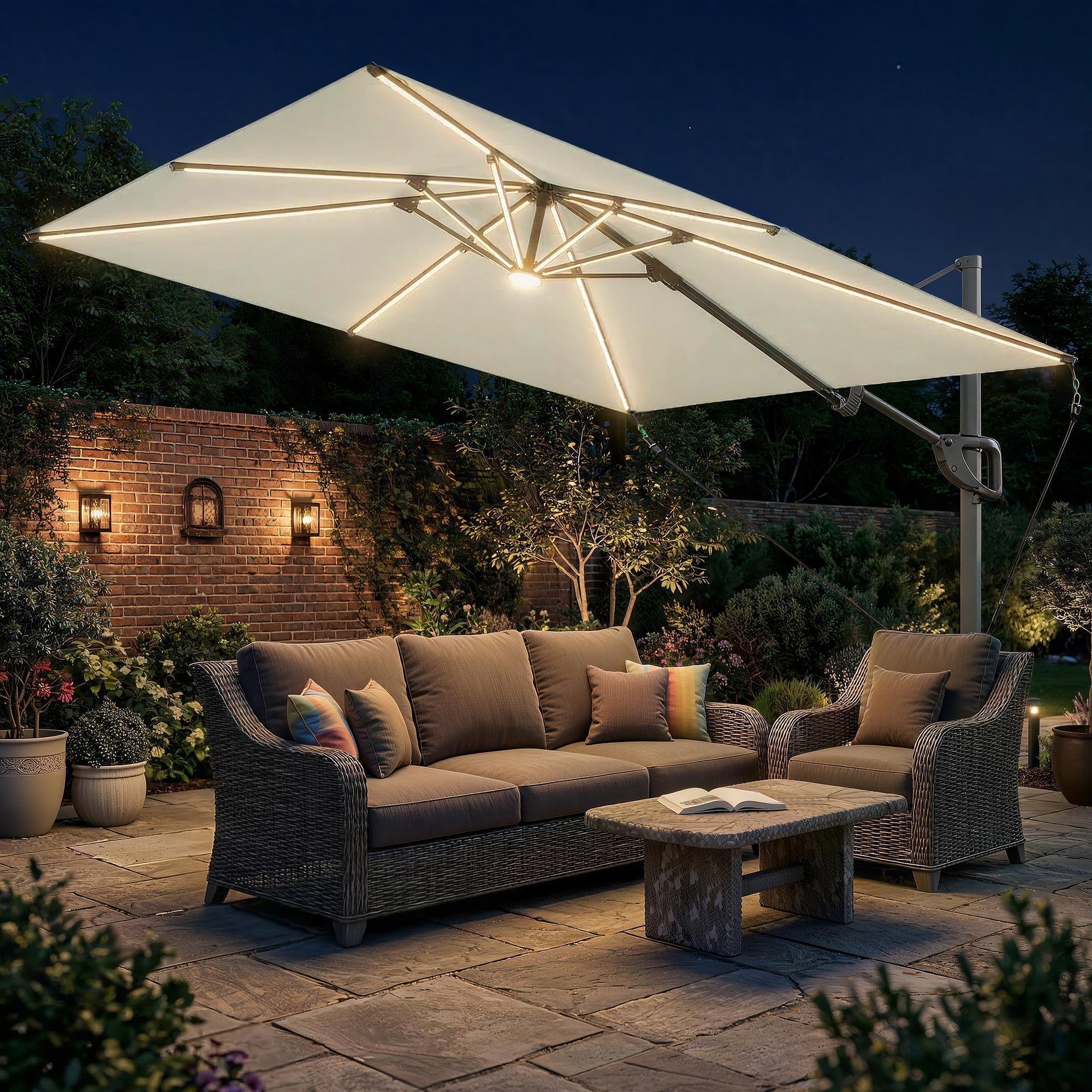 Outsunny 3 x 3 m Garden Cantilever Parasol w/ Light, Cover, UPF50+ Patio Umbrella w/ Wind Protection, 360 degrees Rotation, Cream White
