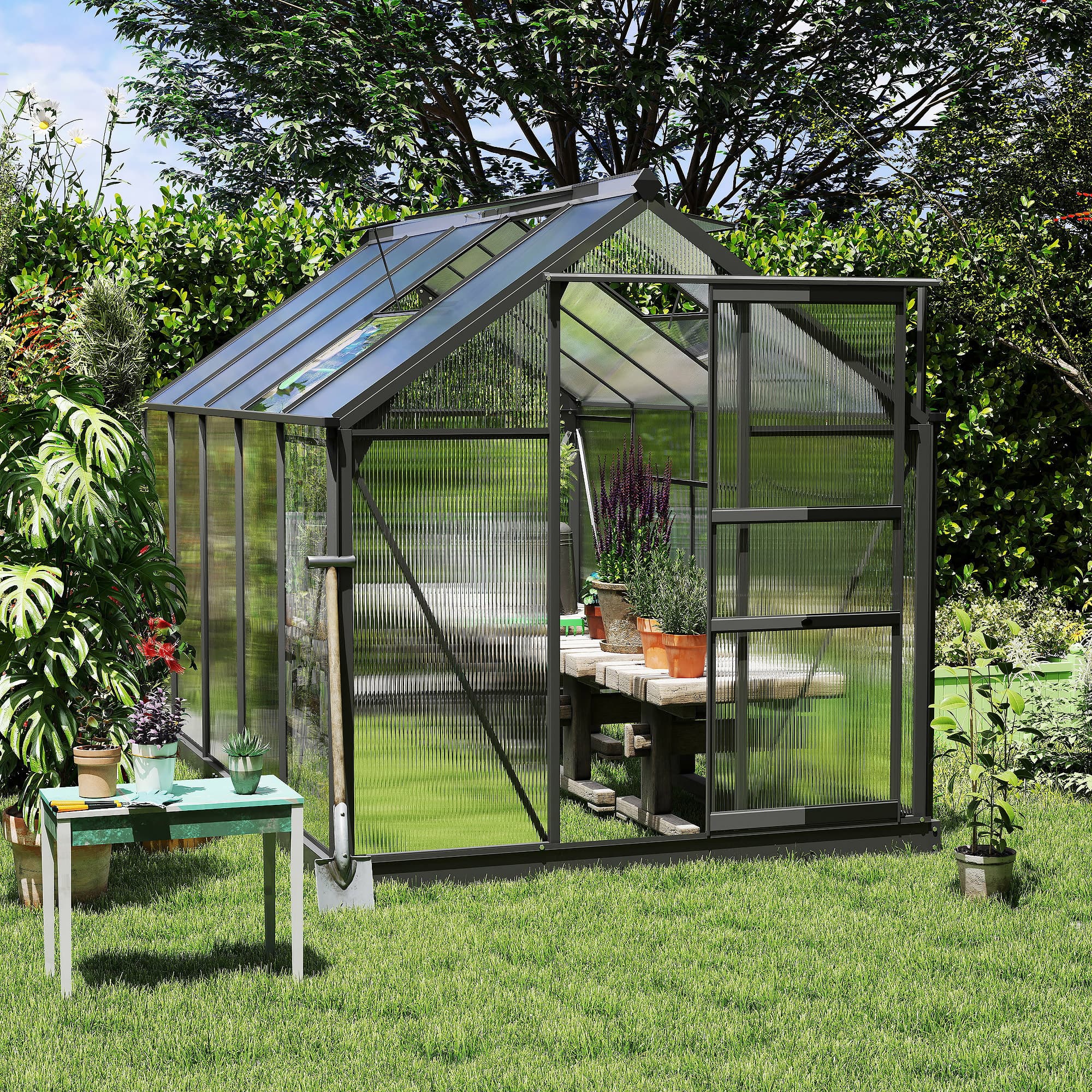 Outsunny 6 x 10ft Polycarbonate Greenhouse, Large Walk-In Green House with Slide Door and Window, Garden Plants Grow House with Aluminium Frame and Foundation, Grey