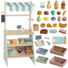 AIYAPLAY Wooden Toy Shop, Wooden Market Stall with Cash Register, Blackboard and Toy Food, 4 Storage Boxes, Ages 3+, Green