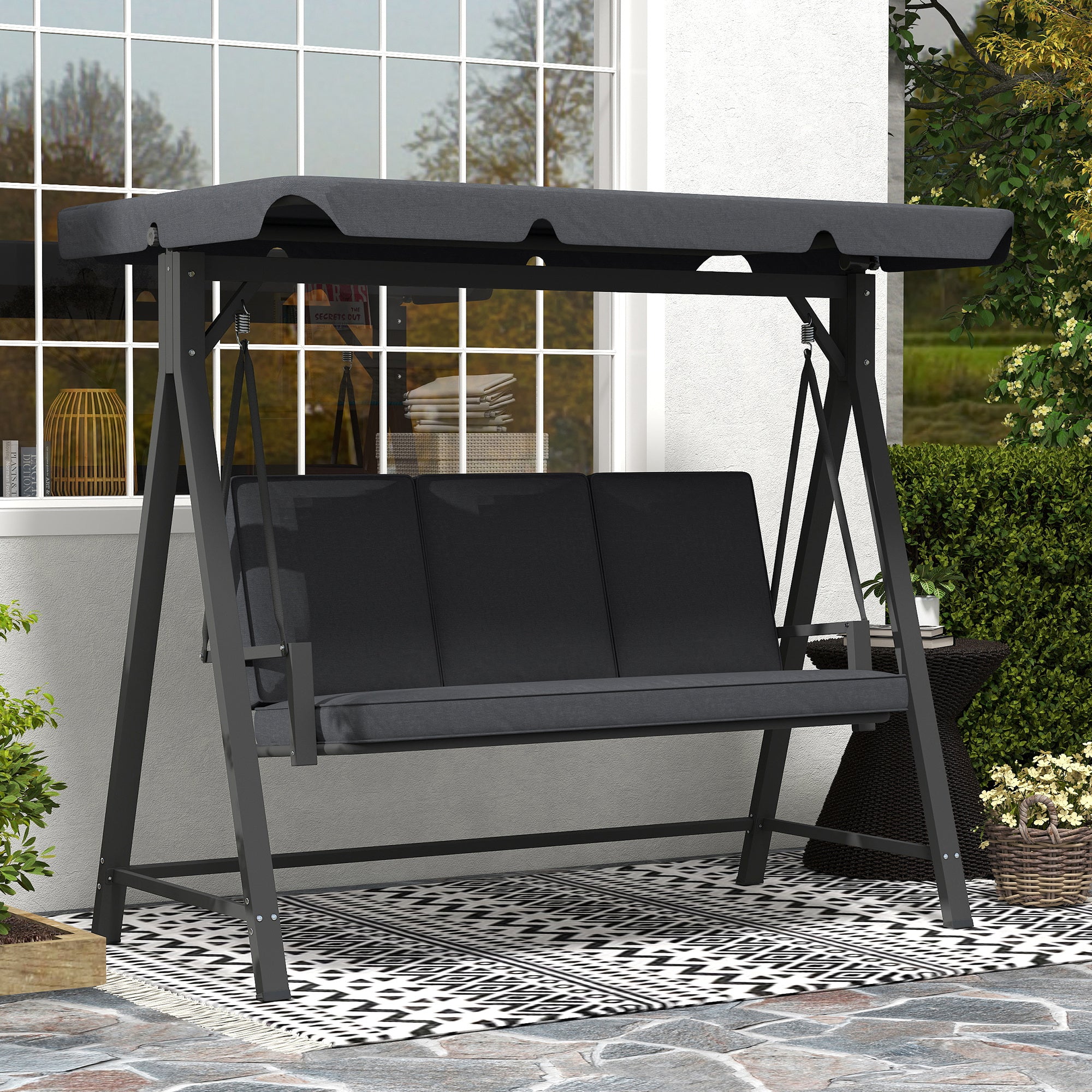 Outsunny Three-Seater Garden Swing Bench, with Adjustable Canopy - Dark Grey