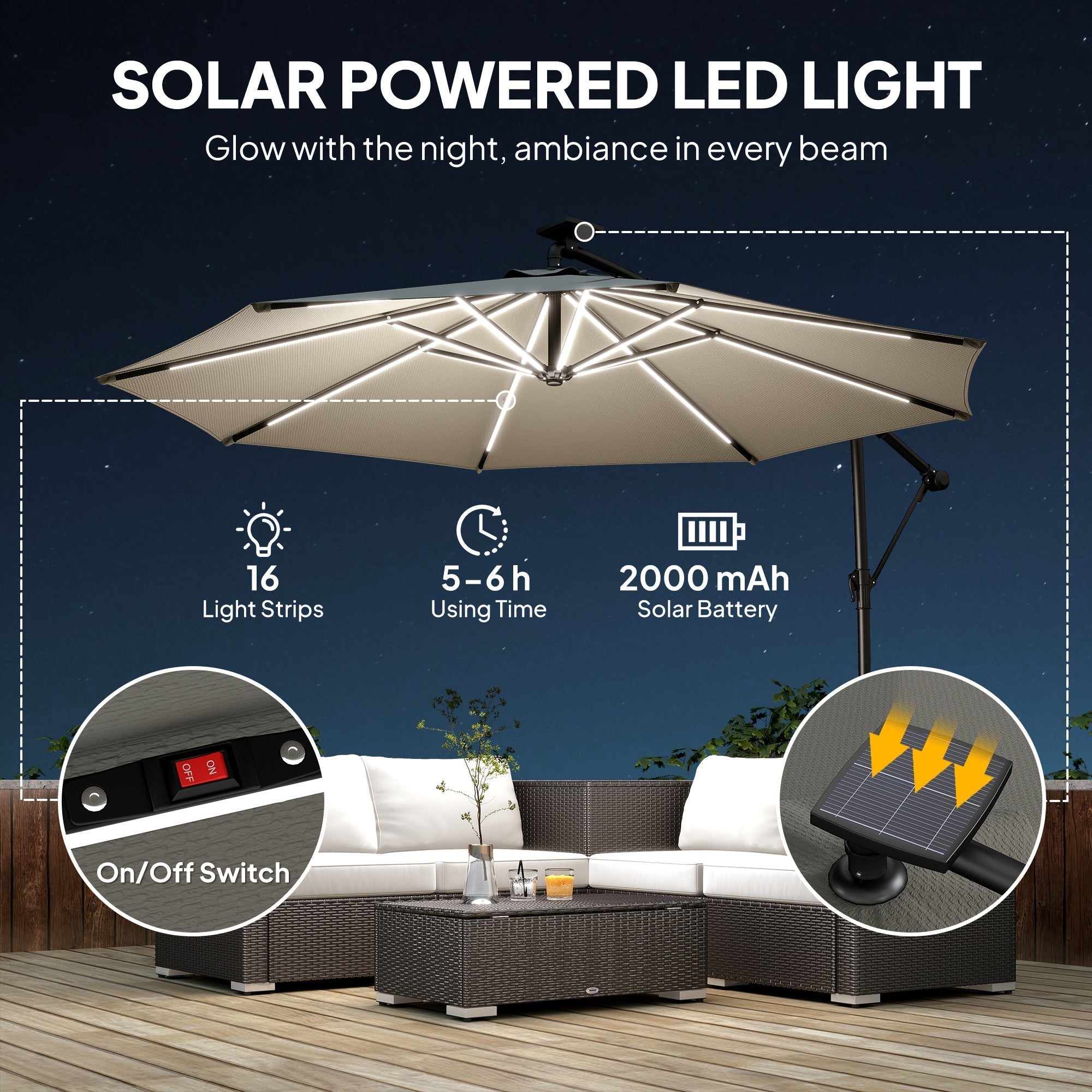 Outsunny 3 m Garden Cantilever Parasol with LED Solar Light, Round Overhanging Umbrella with 360 degrees Rotation, Cover, Grey