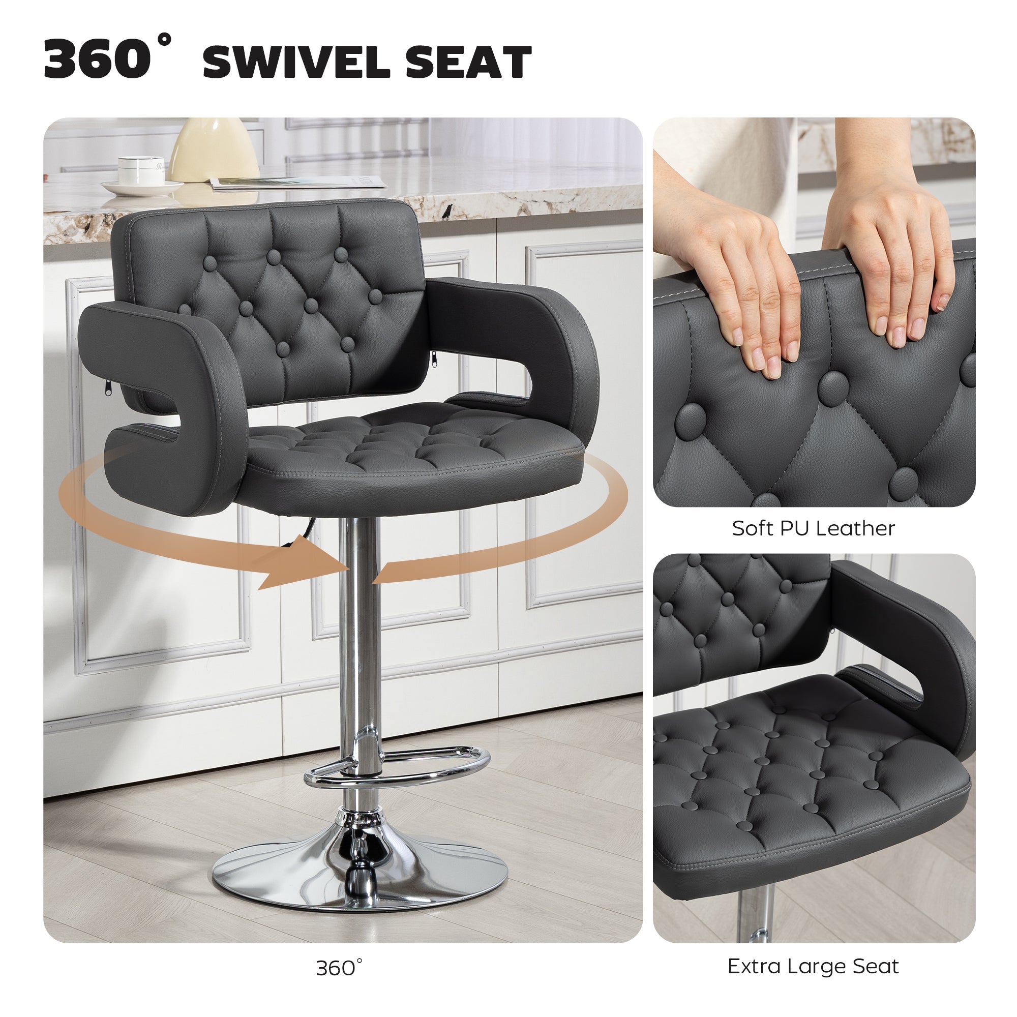 HOMCOM PU Leather Upholstered Swivel Bar Stool, Height Adjustable with Back, Armrest, Footrest, Grey