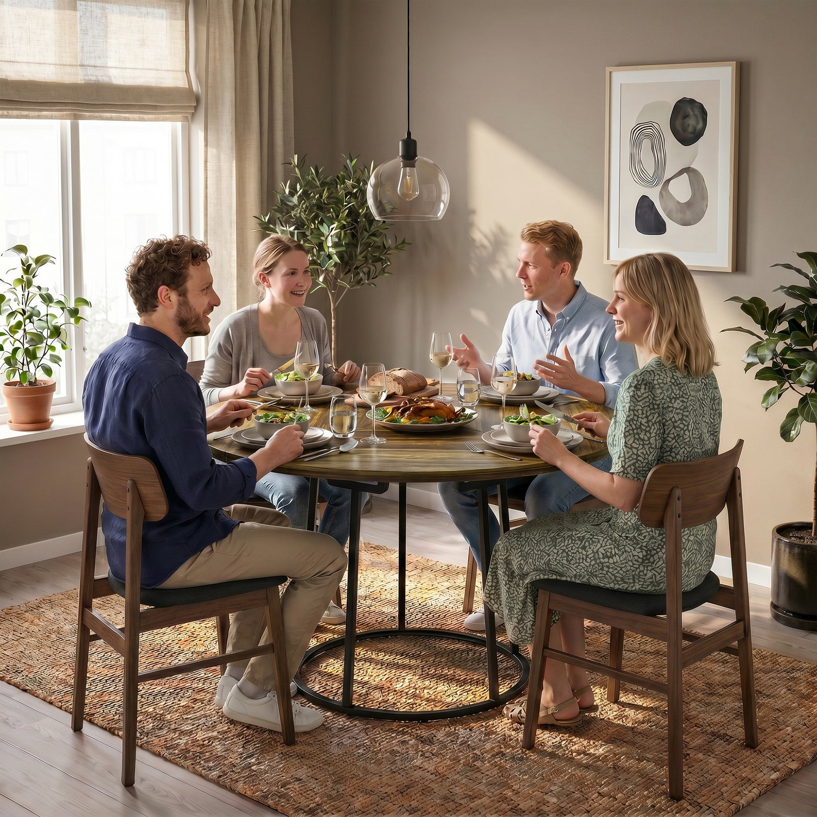 HOMCOM Dining Table Space Saving Kitchen Table Spliced Tabletop Conical Metal Base 120 cm Round Rustic Brown