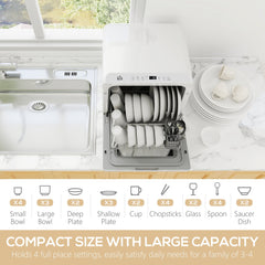 HOMCOM Table Top Dishwasher with Built-in 6L Water Tank, Mini Countertop Dishwasher with 6 Programs, 4 Place Settings, White