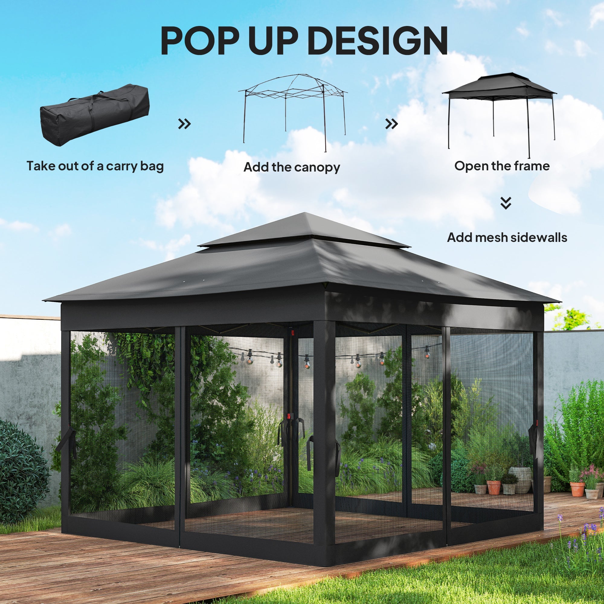Outsunny 3 x 3(m) Pop Up Gazebo, Double-roof Garden Tent with Netting and Carry Bag, Party Event Shelter, Black
