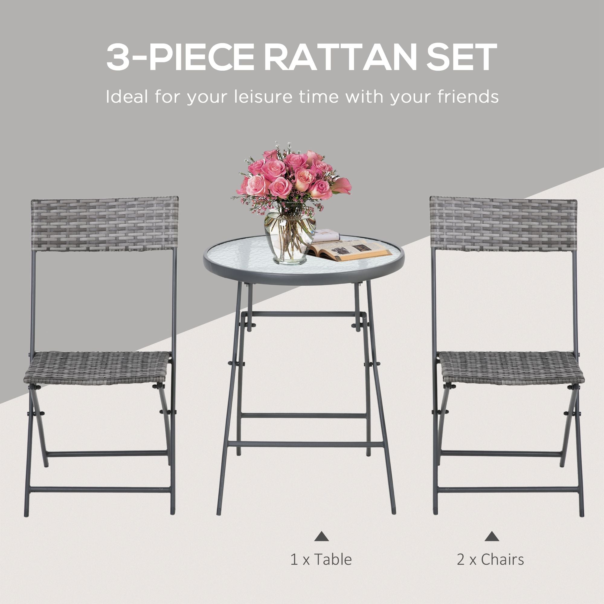 Outsunny 3 Pieces Rattan Bistro Set, Wicker Folding Garden Furniture Set with Glass Top Coffee Table and Chairs for Outdoor, Patio, Balcony, Grey