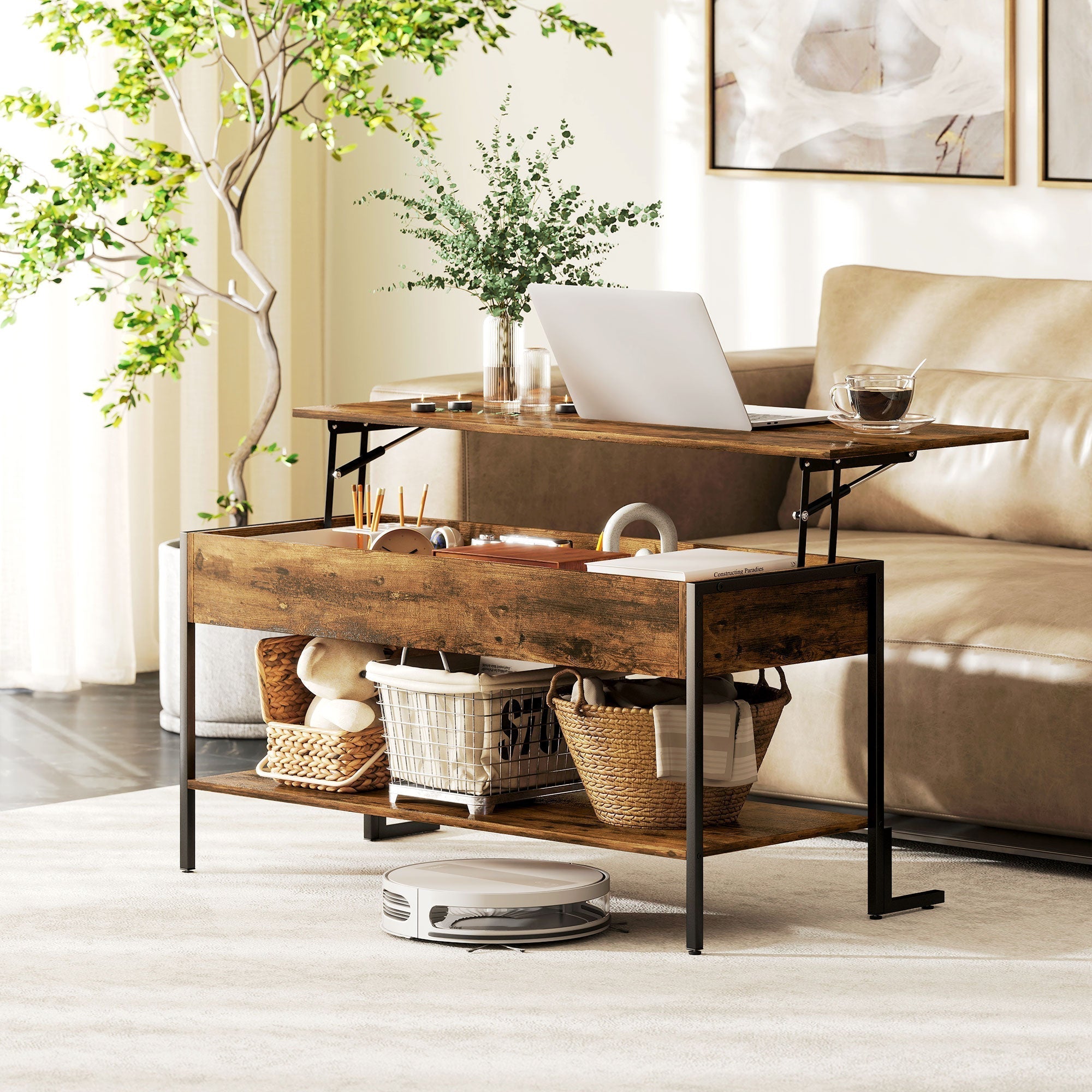 HOMCOM Lift-Top Coffee Table, with Storage - Rustic Brown