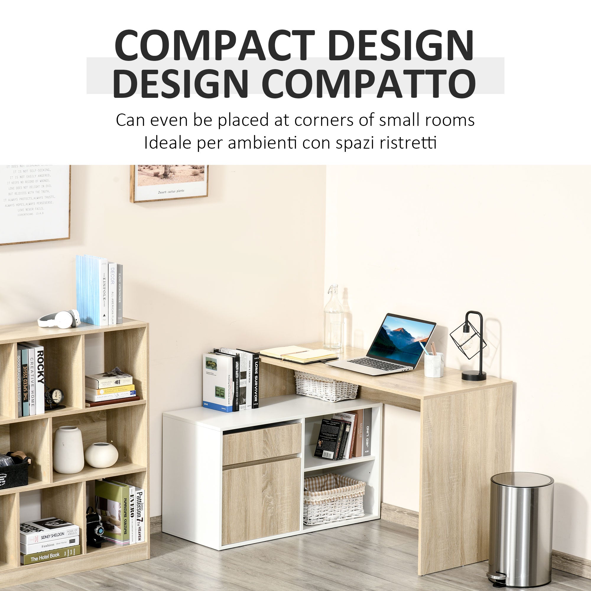 HOMCOM L-Shaped Desk, Corner Computer Desk with Storage Drawer, Adjustable Shelf, Cabinet for Home Office and Study, 120 x 92 x 75cm, Oak and White