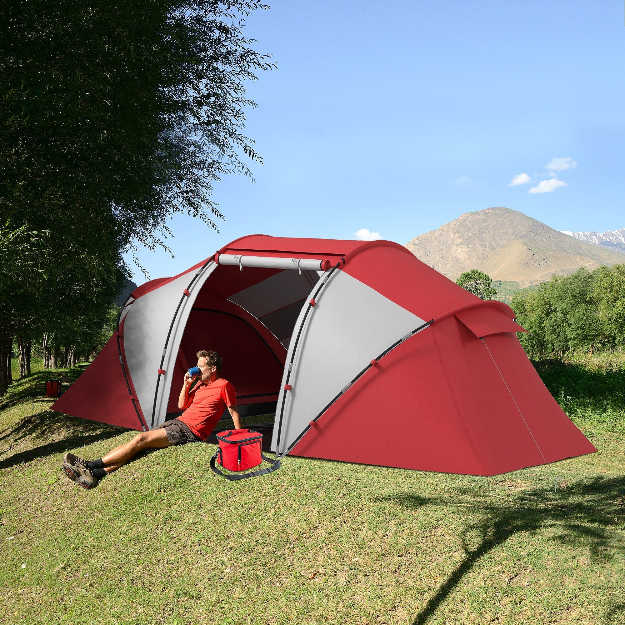 Outsunny 4-6 Man UV Protection Camping Tent - Grey and Red