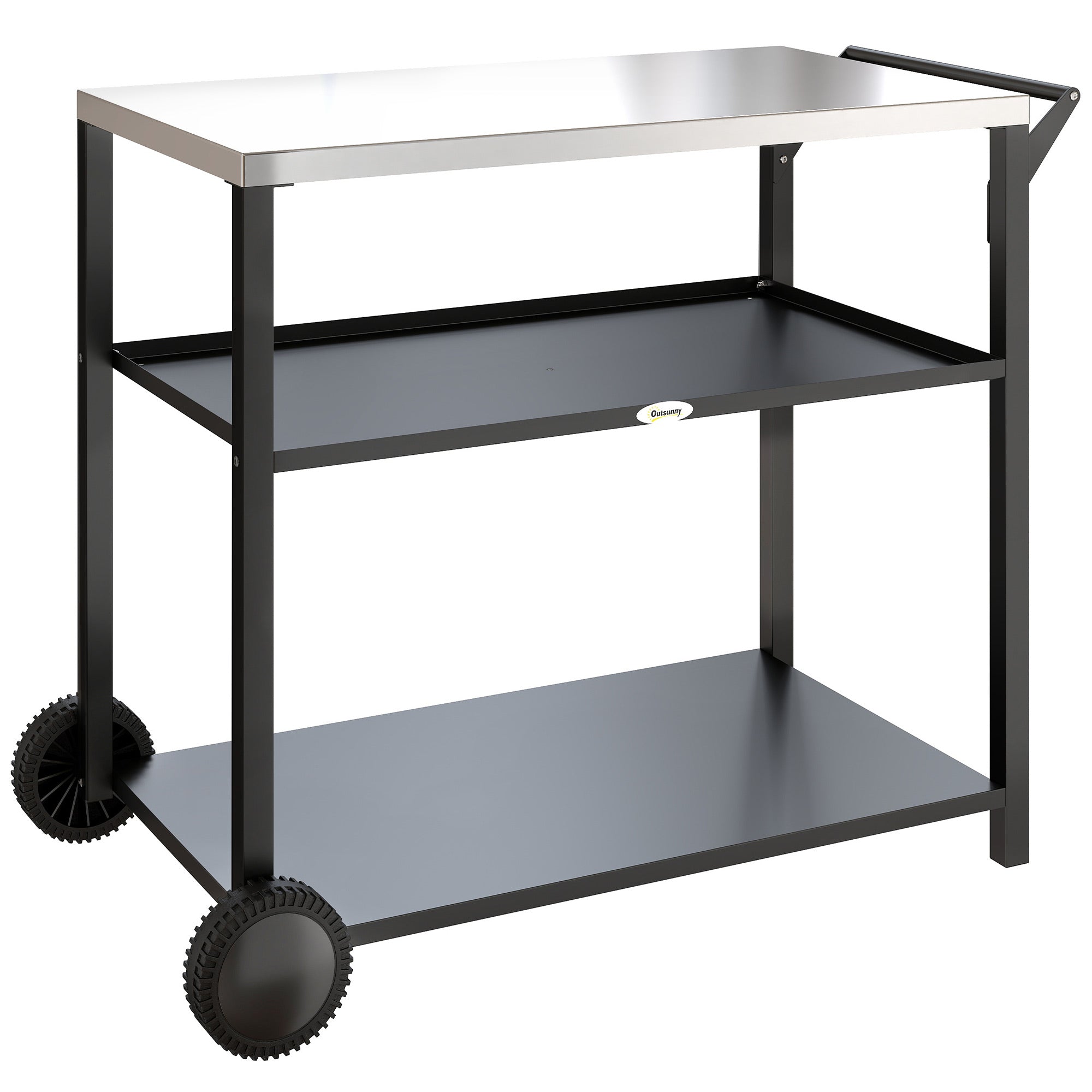 Outsunny Outdoor Grill Cart with Stainless Steel Tabletop for Kitchen Prep, Two-Tier Pizza Oven Stand on Wheels, Black
