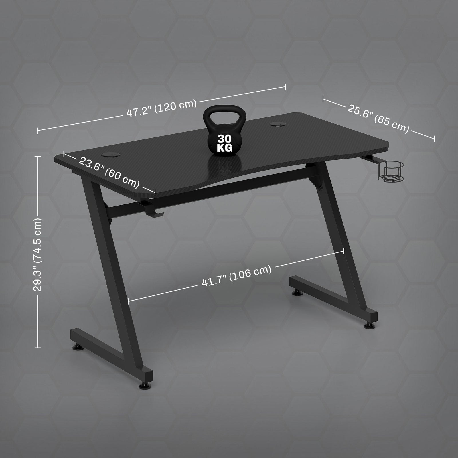 HOMCOM Gaming Desk 120 x 65 cm Steel Frame with Cup Holder, Headphone Hook, Adjustable Feet and Cable Organiser, Home Office Computer Table, Black