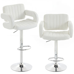 HOMCOM Bar Stools Adjustable Swivel Kitchen Chairs with Backrest Armrest Set of 2 PU Leather White