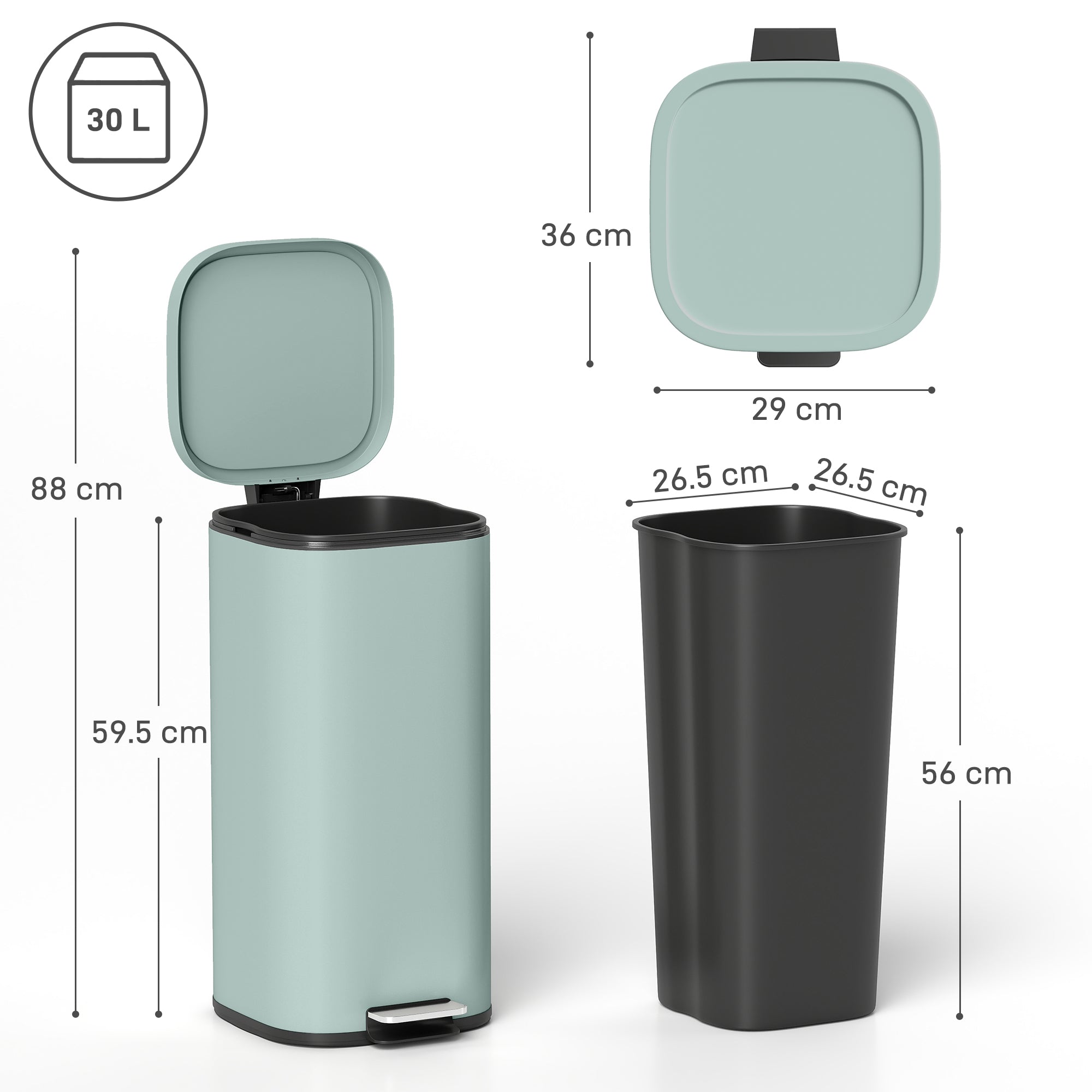 HOMCOM 30L Kitchen Bin, Compact Pedal Bin with Soft-Close and Stay-Open Lid, Removable Bucket for Kitchen, Home, Office, Green
