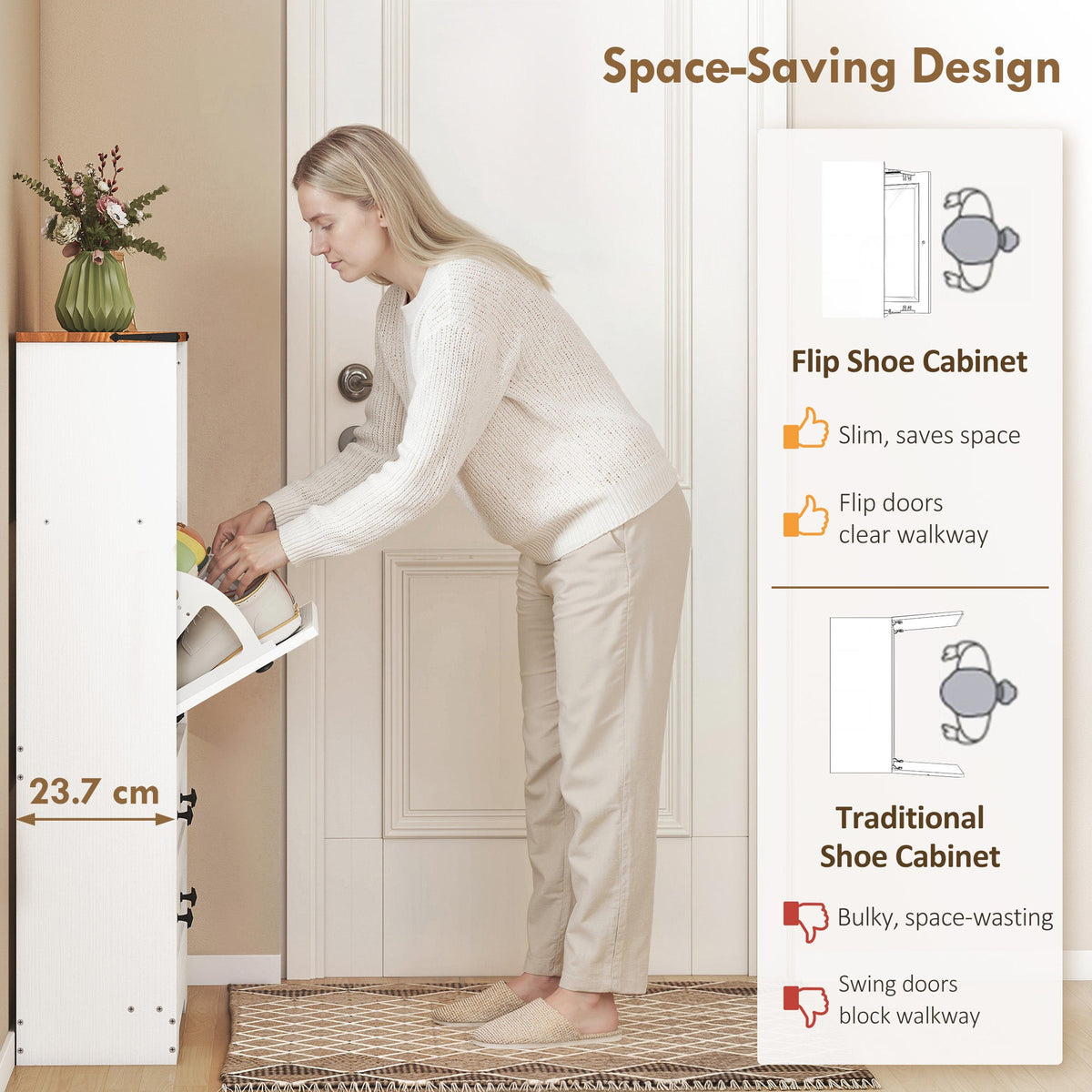HOMCOM Shoe Cabinet with 2 Flip Drawers, Narrow Shoe Storage Cabinet, White