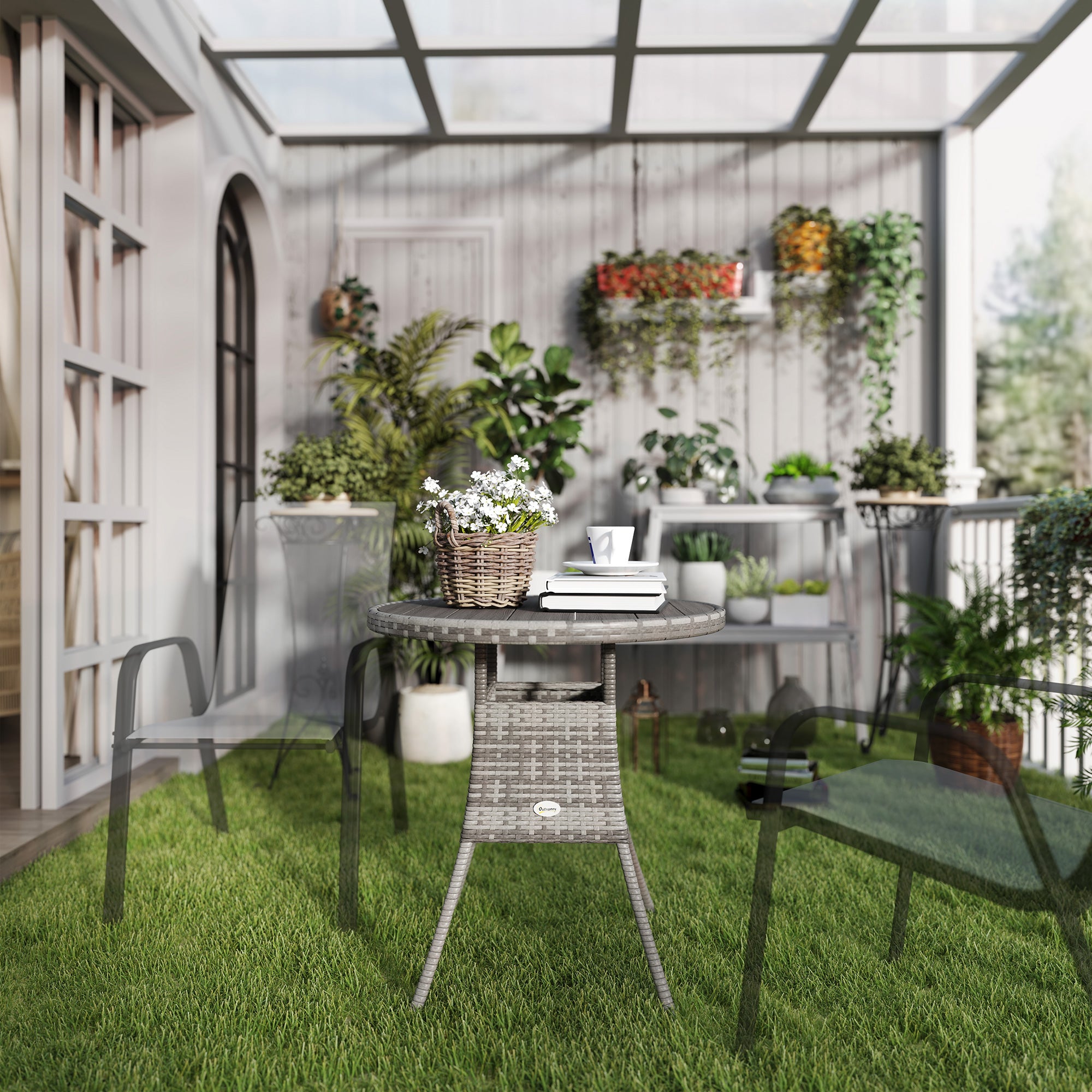 Outsunny 70cm Four-Person Wood-Effect Rattan Table - Grey