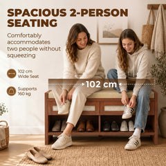 HOMCOM Boho Shoe Bench with 2 Rattan Drawers, Shoe Storage Bench with Cushioned Seat and Open Shelf Brown