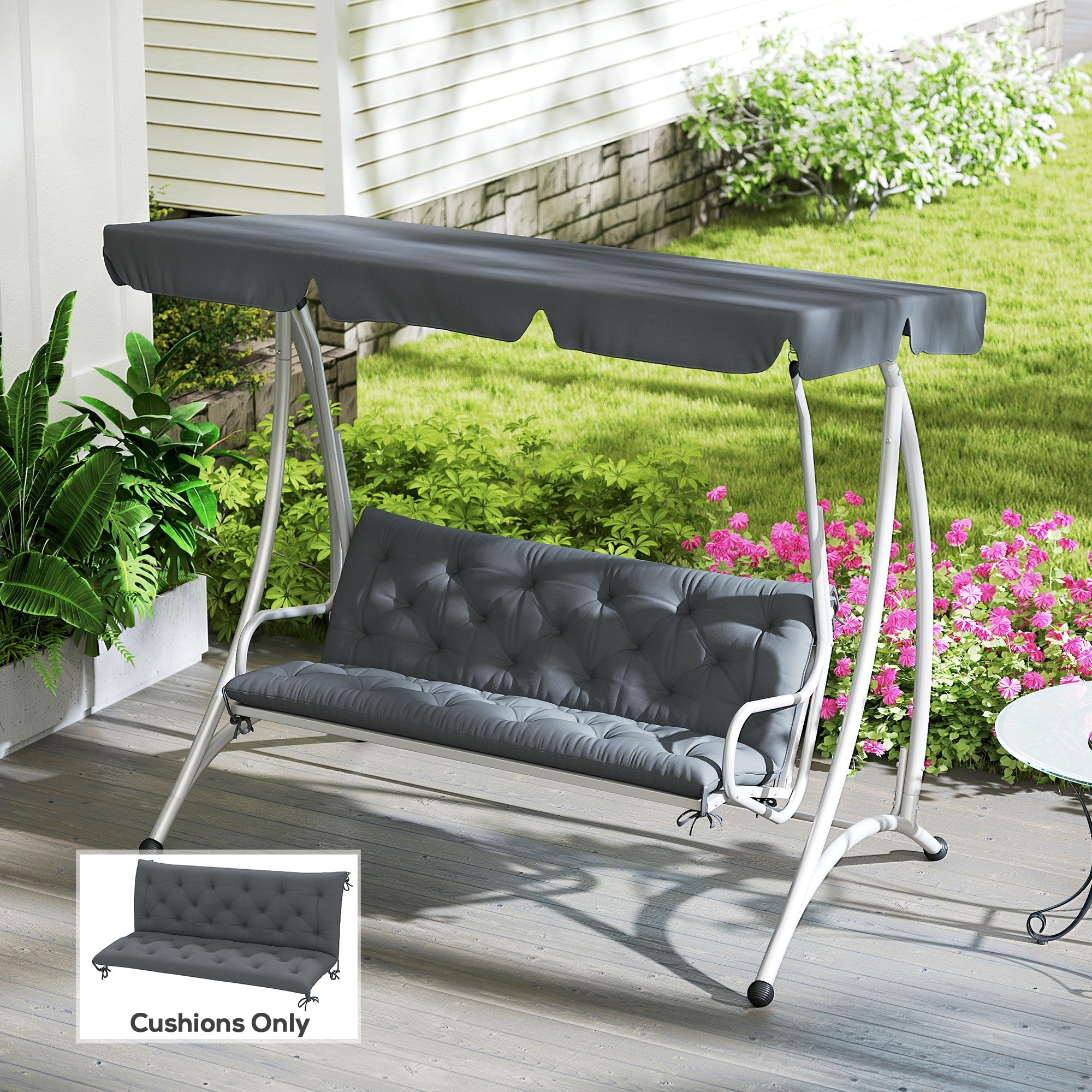 Outsunny 3 Seater Bench Cushion, Garden Chair Cushion with Back and Ties for Indoor and Outdoor Use, 98 x 150 cm, Dark Grey