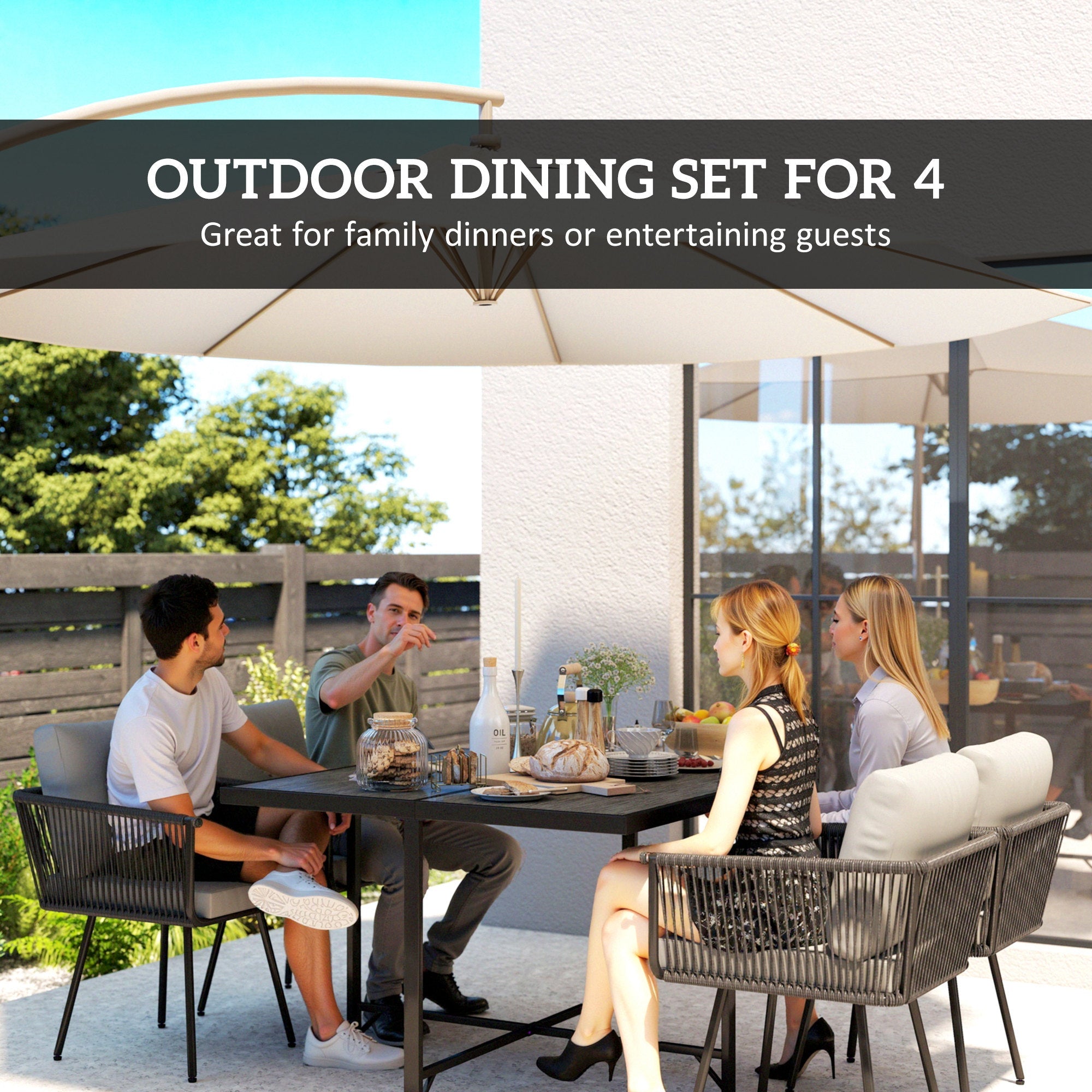 Outsunny 5 Piece Garden Furniture Set, Garden Dining Set with Wood-Plastic Table and 4 Stackable Chairs, Light Grey