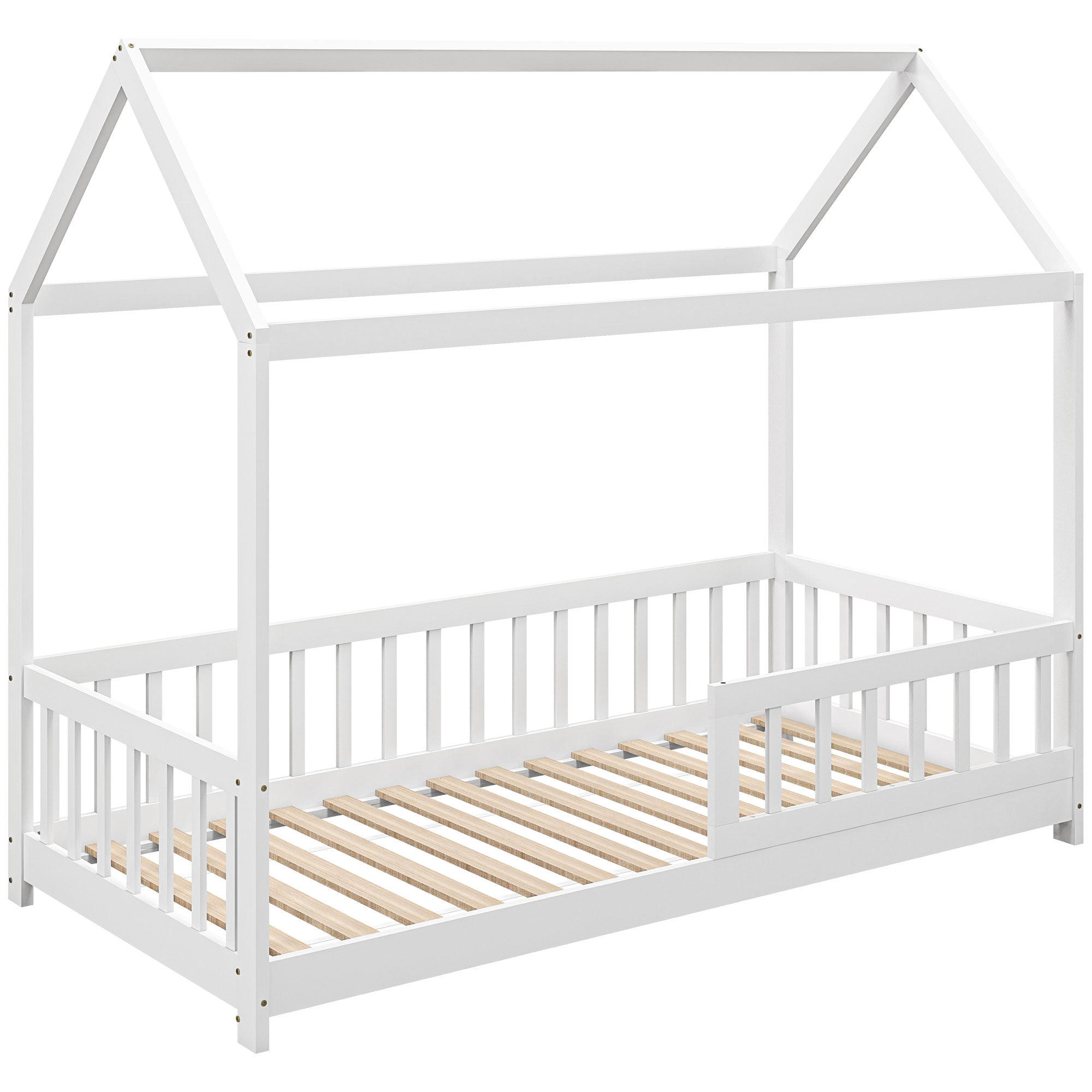 HOMCOM House-Shaped Kids Bed Frame with Safety Fence, Solid Pine Wood Single Bed Frame for Kids Boys and Girls