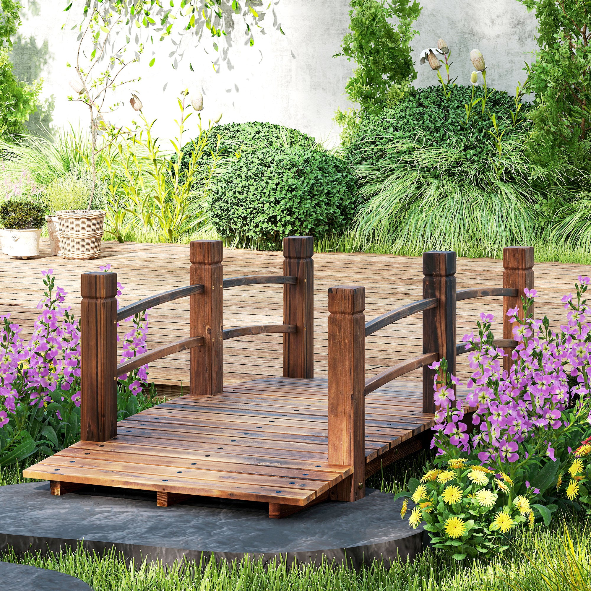 Outsunny 1.5M Wooden Garden Bridge Lawn D√É¬©cor Stained Finish Arc Outdoor Pond Walkway w/ Railings Water Yard Decoration