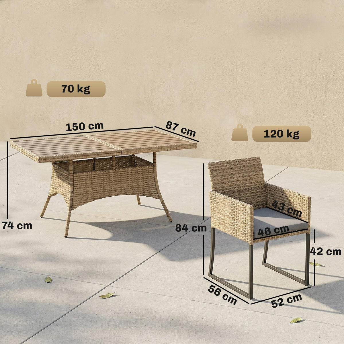 Outsunny 7 Piece Rattan Garden Furniture Set, Garden Dining Set with Wood-Plastic Table and 6 Stackable Chairs, Dark Grey