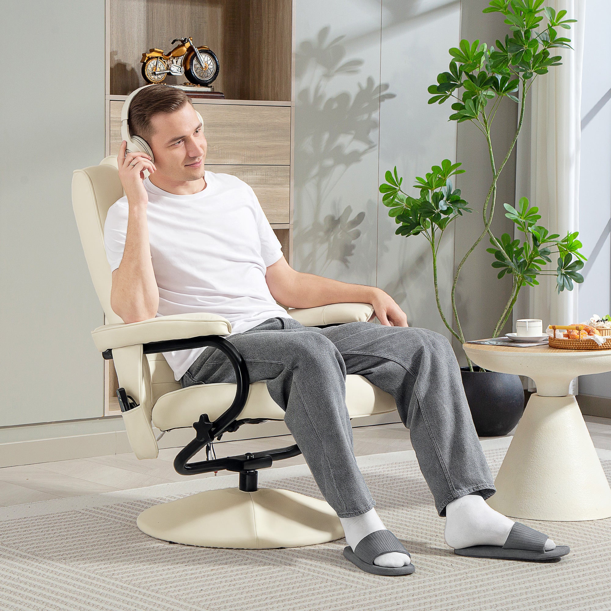 HOMCOM Swivel Recliner Chair and Footstool, Faux Leather Massage Recliner Armchair with Remote Control and Round Wrapped Base, Cream White