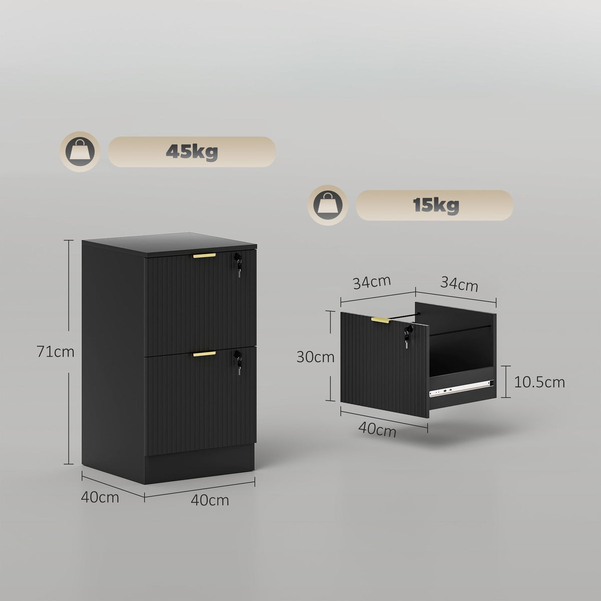 HOMCOM Filing Cabinet, Fluted Vertical File Cabinet with 2 Lockable Drawers and Hanging Rails, Black