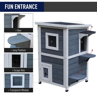 Outdoor Solid Wood 2-Floor Cat Condo Pet House Kitten Shelter, Grey