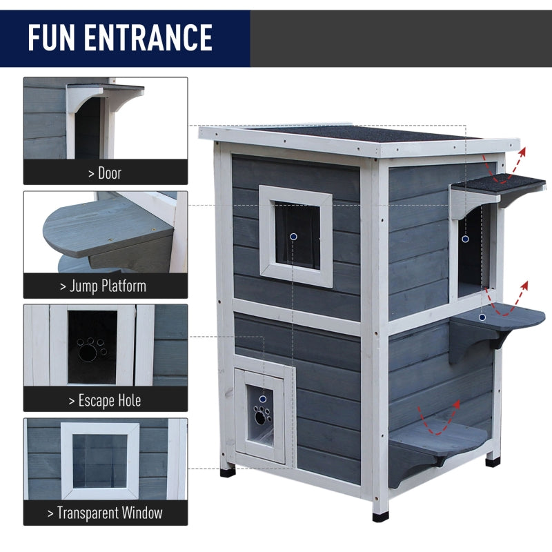 Outdoor Solid Wood 2-Floor Cat Condo Pet House Kitten Shelter, Grey