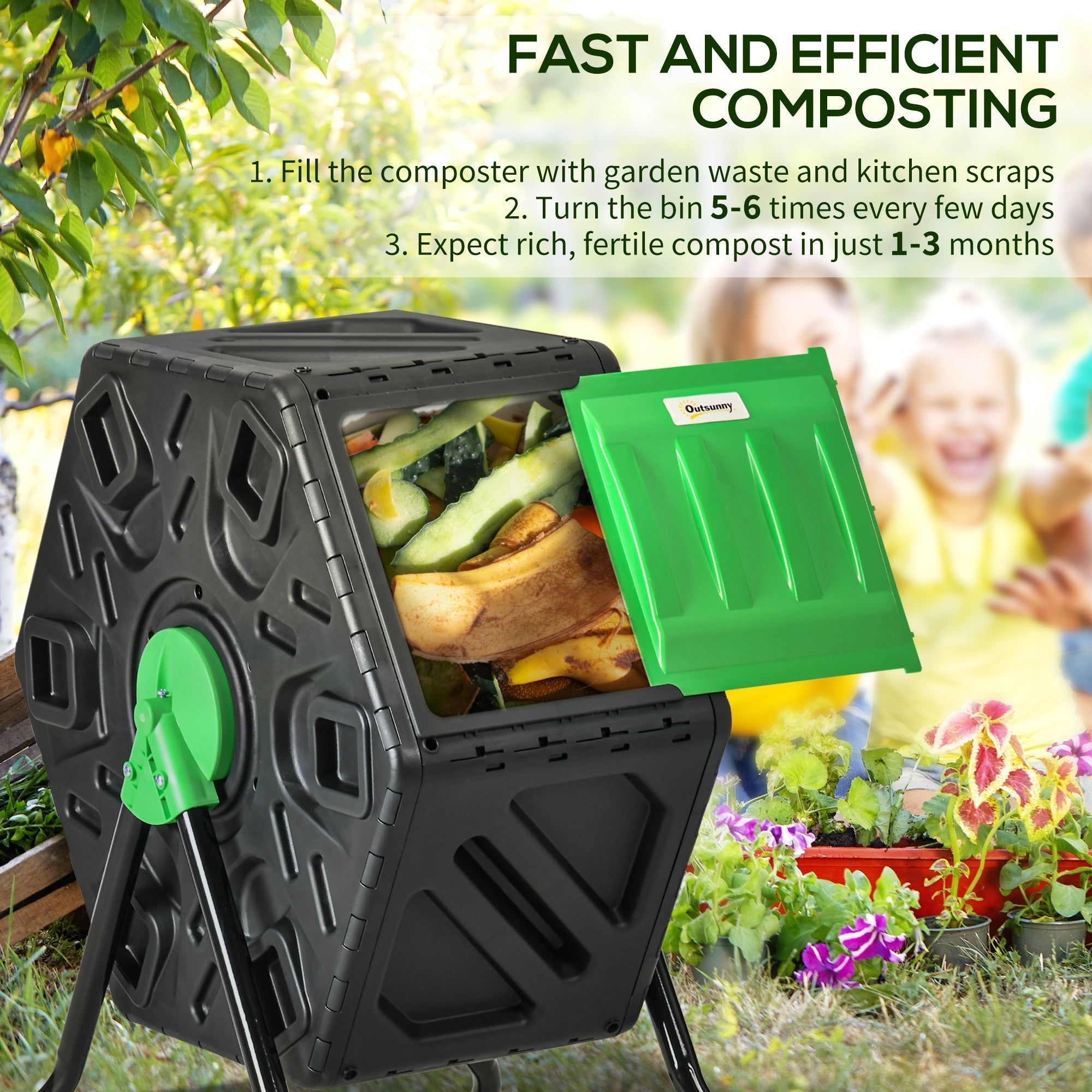 Outsunny 65L Garden Compost Bin, Single Chamber Rotating Composter, Compost Maker with 24 Ventilation Openings and Steel Legs
