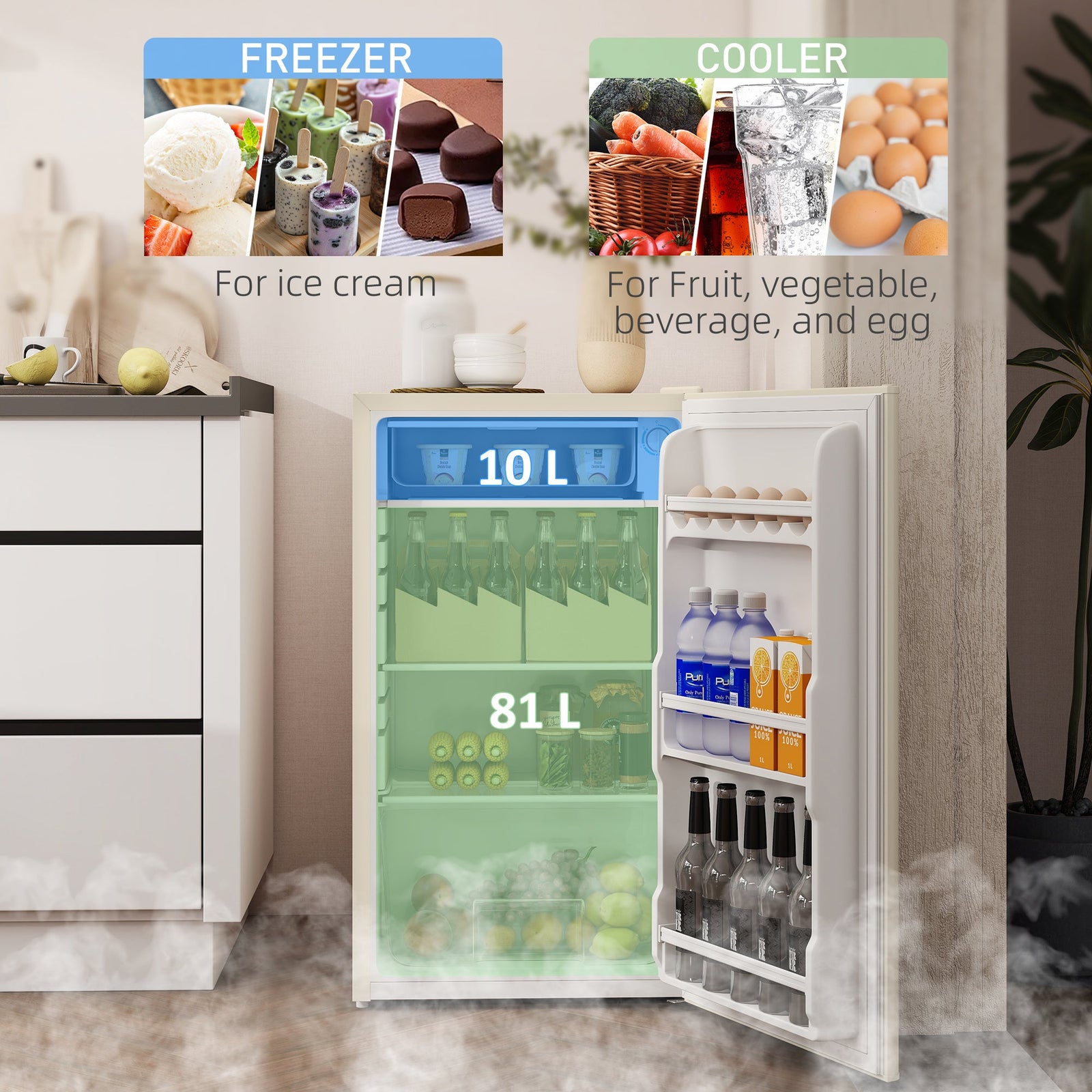HOMCOM Under Counter Fridge, 91L Small Fridge with Chiller Box, Removable Shelf, Reversible Door, Adjustable Legs, Mini Refrigerator, Beige